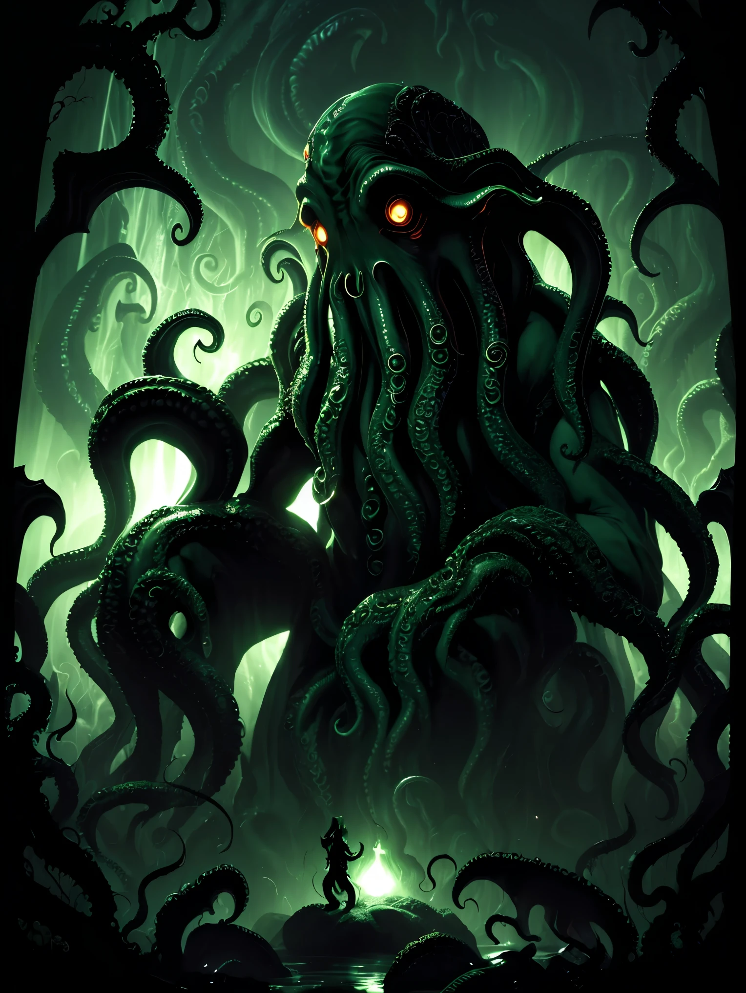 (((Cthulhu))), Cthulhuグラフィックアート, Cthulhuデザインボード, Cosmic Creatures, 大いなるCthulhu, Dark horror, cosmic horror, Into the Dark, Dim lighting, masterpiece:1.2,