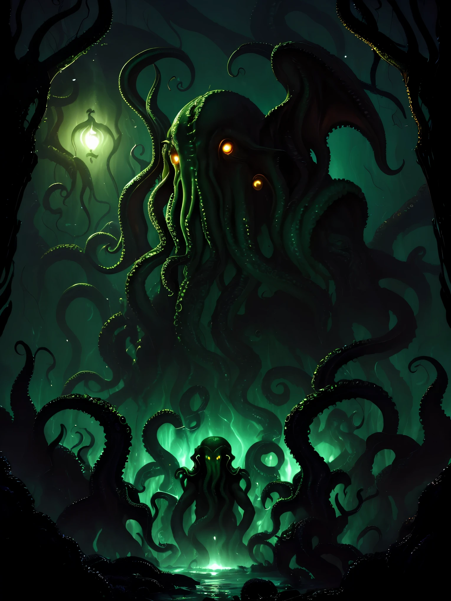 (((Cthulhu))), Cthulhuグラフィックアート, Cthulhuデザインボード, Cosmic Creatures, 大いなるCthulhu, Dark horror, cosmic horror, Into the Dark, Dim lighting, masterpiece:1.2,