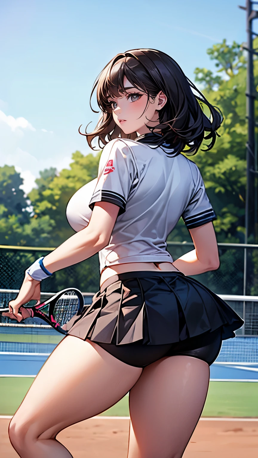 (Very delicate and beautiful:1.2)super model,,Big Breasts,Beautiful breasts,voluptuous,【bike shorts】,,【3girls】,,highest quality, High resolution, 8K,Kick in a hurry.Tennis Wear.mini skirt
