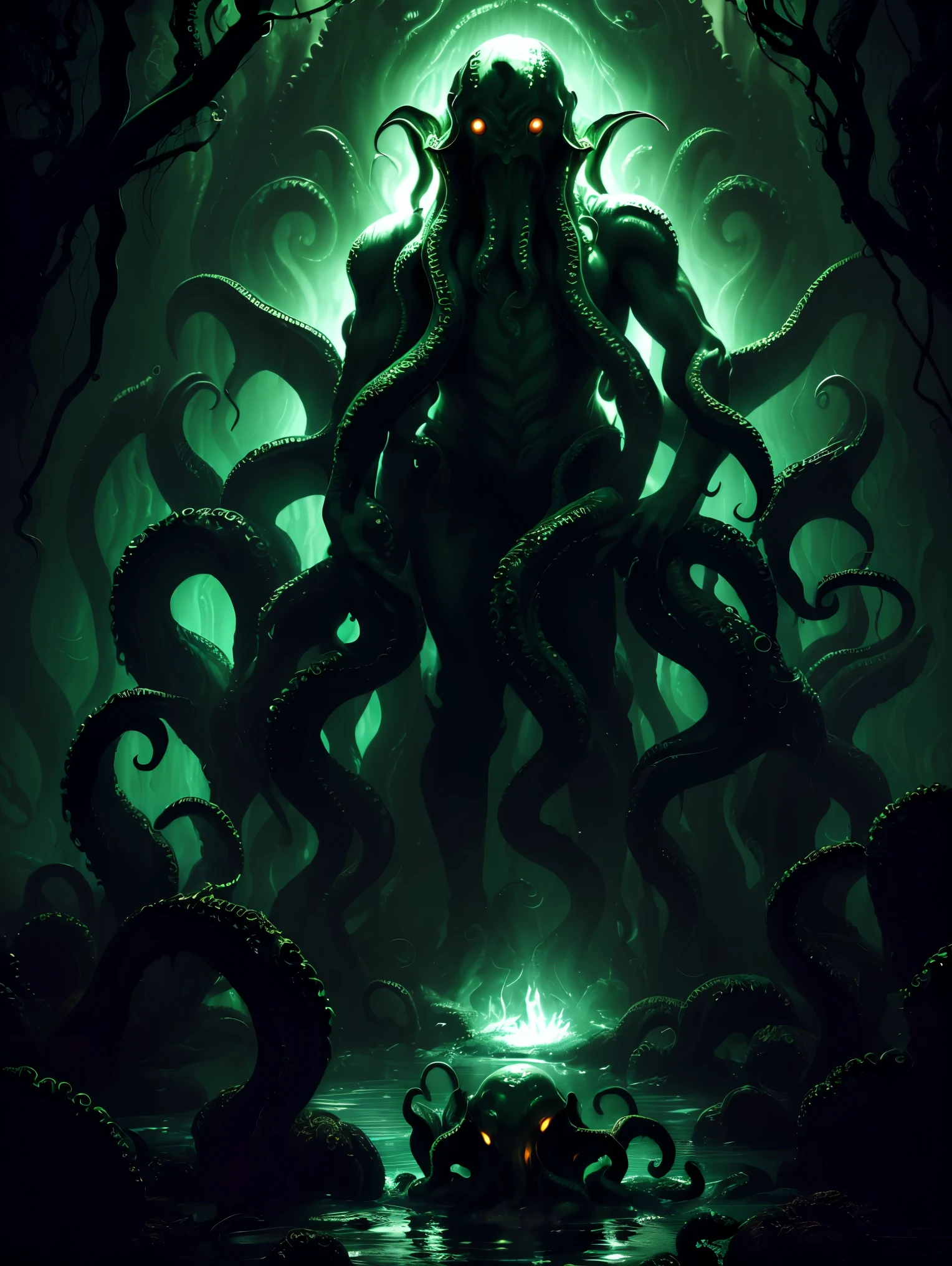 (((Cthulhu))), Cthulhuグラフィックアート, Cthulhuデザインボード, Cosmic Creatures, 大いなるCthulhu, Dark horror, cosmic horror, Into the Dark, Dim lighting, masterpiece:1.2,