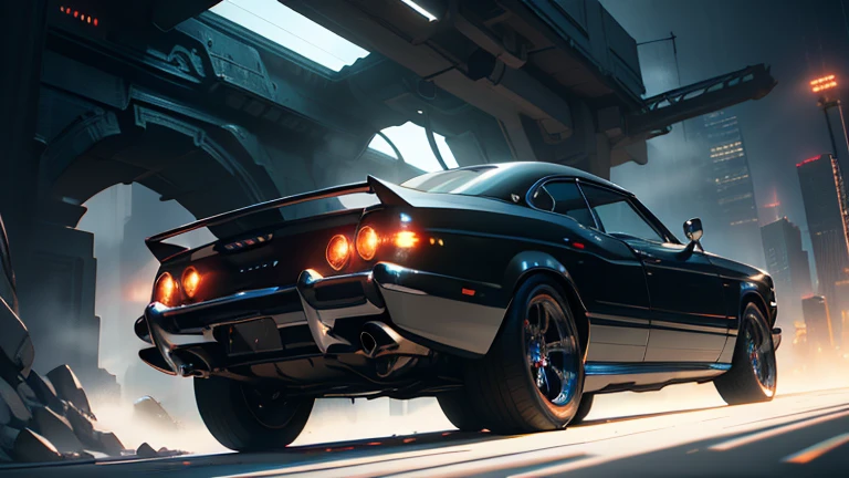 1960s luxury sedan, rear view, futuristic fantasy, epic sci-fi scene, intricate detailed design, glossy metallic body, glistening chrome accents, dramatic lighting, moody atmosphere, cinematic composition, photorealistic rendering, masterpiece, (best quality,8k,highres,masterpiece:1.2),ultra-detailed,(realistic,photorealistic,photo-realistic:1.37),cinematic lighting,dramatic shadows,volumetric fog,glowing energy field,gleaming chrome,aerodynamic body,intricate details,sleek and stylish