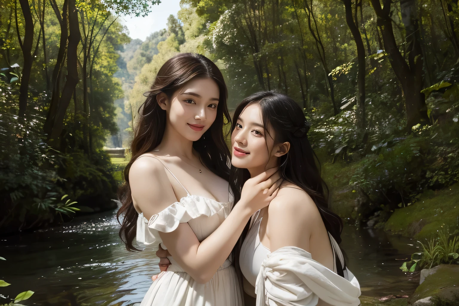 Giorgione painting style,Barbizon forest A beautiful woman in Greek dress smiles on the shore,Sweet and seductive appearance.、Caravaggio's paintings、Chiaroscuro of Caravaggio、hair tousled by the wind,Two women frolicking,cute smile, expression of ecstasy,Sexy,erotic, full body portrait