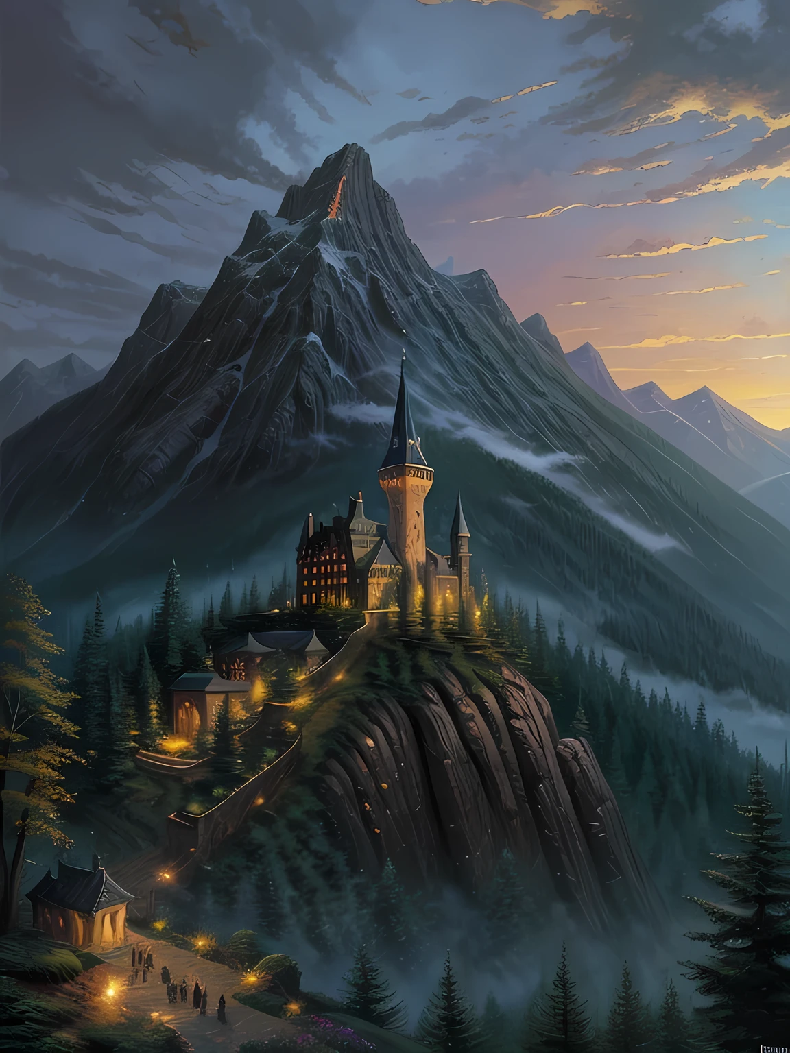 A tall, dark, sinister, forbidding wizards tower at the foot of a mountain range, surrounded by stone walls and forest, painting by Thomas Kinkade