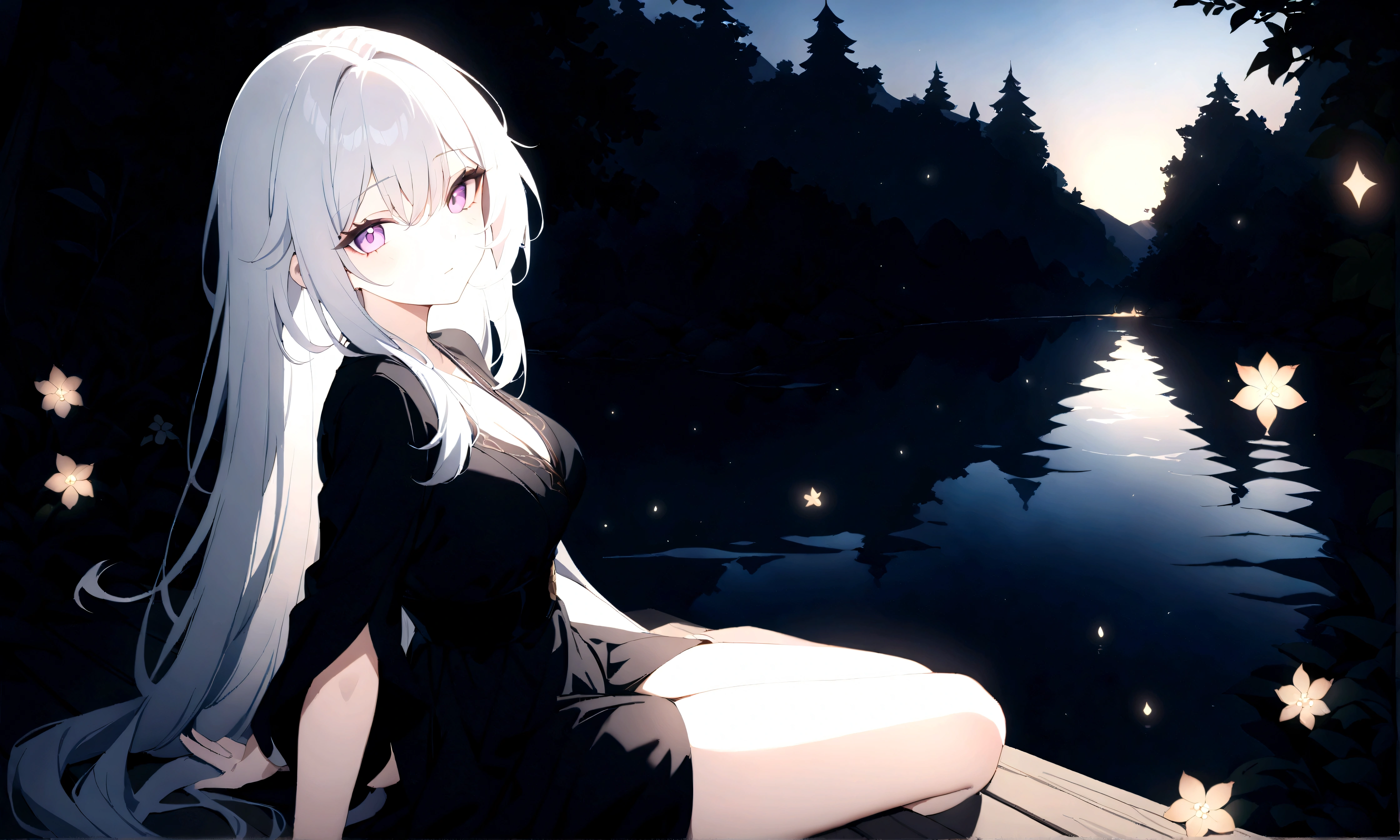 a beautiful girl, long flowing white hair, purple eyes, black yukata, (sparkle, honkai star rail) sitting on the edge of a dock by a forest lake, gazing at the viewer with enticing eyes, fireflies starts glowing around her in the dusk, (best quality,4k,8k,highres,masterpiece:1.2)