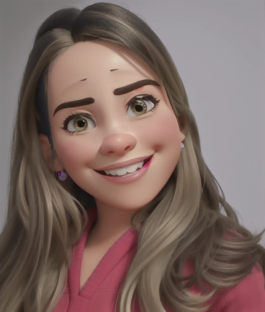mulher sorrindo, olhos castanhos escuros, estilo disney pixar, alta qualidade, melhor qualidade