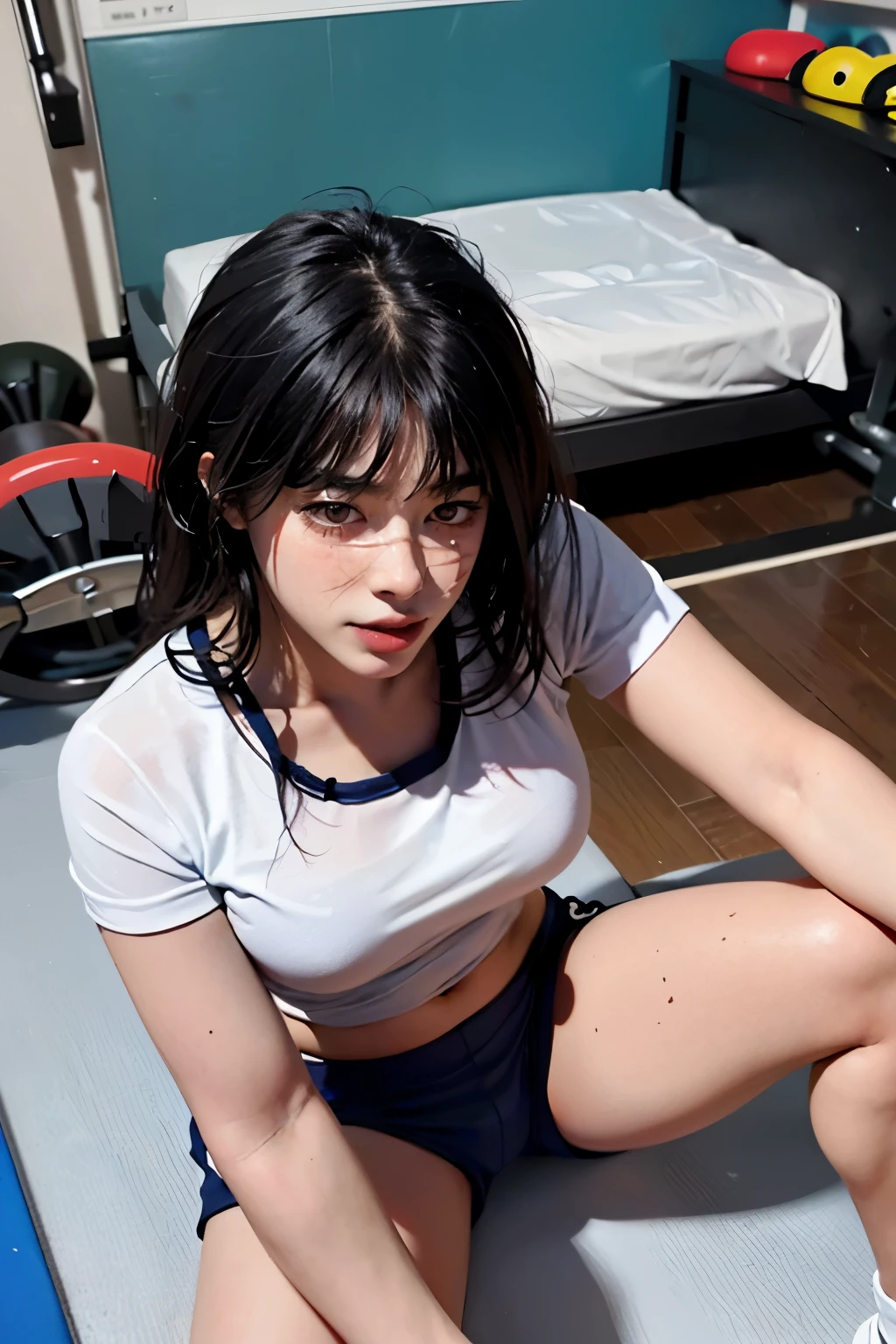 (Surreal), (figure), (High resolution), (8k), (Very detailed), (best figure),(Shooting from above)、(Detailed Background bedroom:1.2)、 Yoru ( Chainsaw Man ), (Beautiful fine details), (highest quality), (Super detailed), (masterpiece), (wallpaper), (Detailed face), alone,, Focus on the face, 1 girl, Long black hair, Korean, Light eyeshadow, Well-detailed eyes, Brown eyes, Small mole under eye,((School-designated gym clothes))((White gym clothes for the upper body、Long hem))、((Dark blue tight bloomers))、(((Tuck the bottom of your gym clothes into your bloomers)))、Big Breasts、((The upper body is wearing gym clothes))、((bedroom))、Looking into the camera、、Full body photo、Focus on the crotch、Exposing thighs、((Raise your knees and spread your legs))、(On the bedに寝転がる) 、Low light, On the bed,