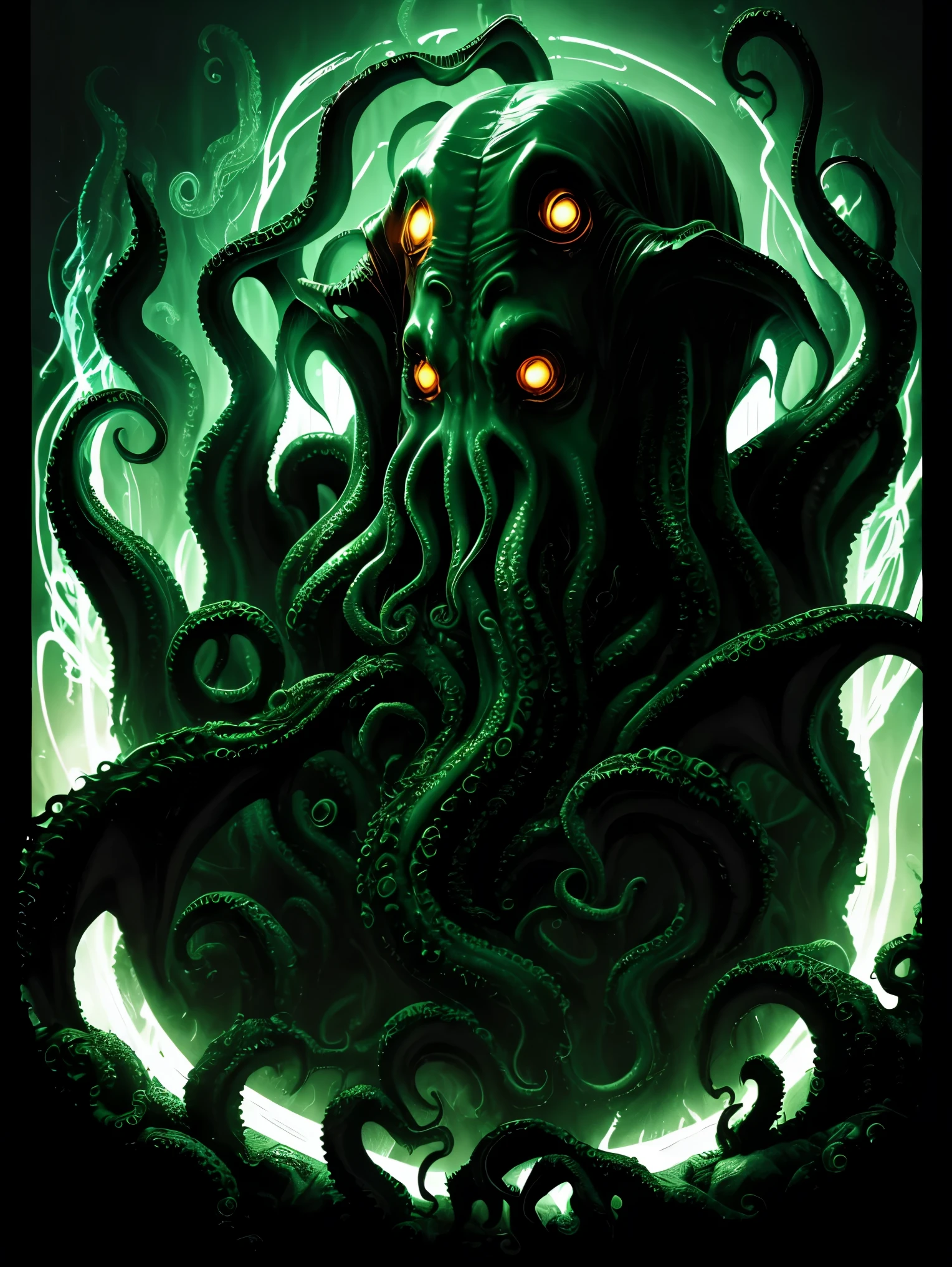 (((Cthulhu))), Cthulhuグラフィックアート, Cthulhuデザインボード, Cosmic Creatures, 大いなるCthulhu, Dark horror, cosmic horror, Into the Dark, Dim lighting, masterpiece:1.2,