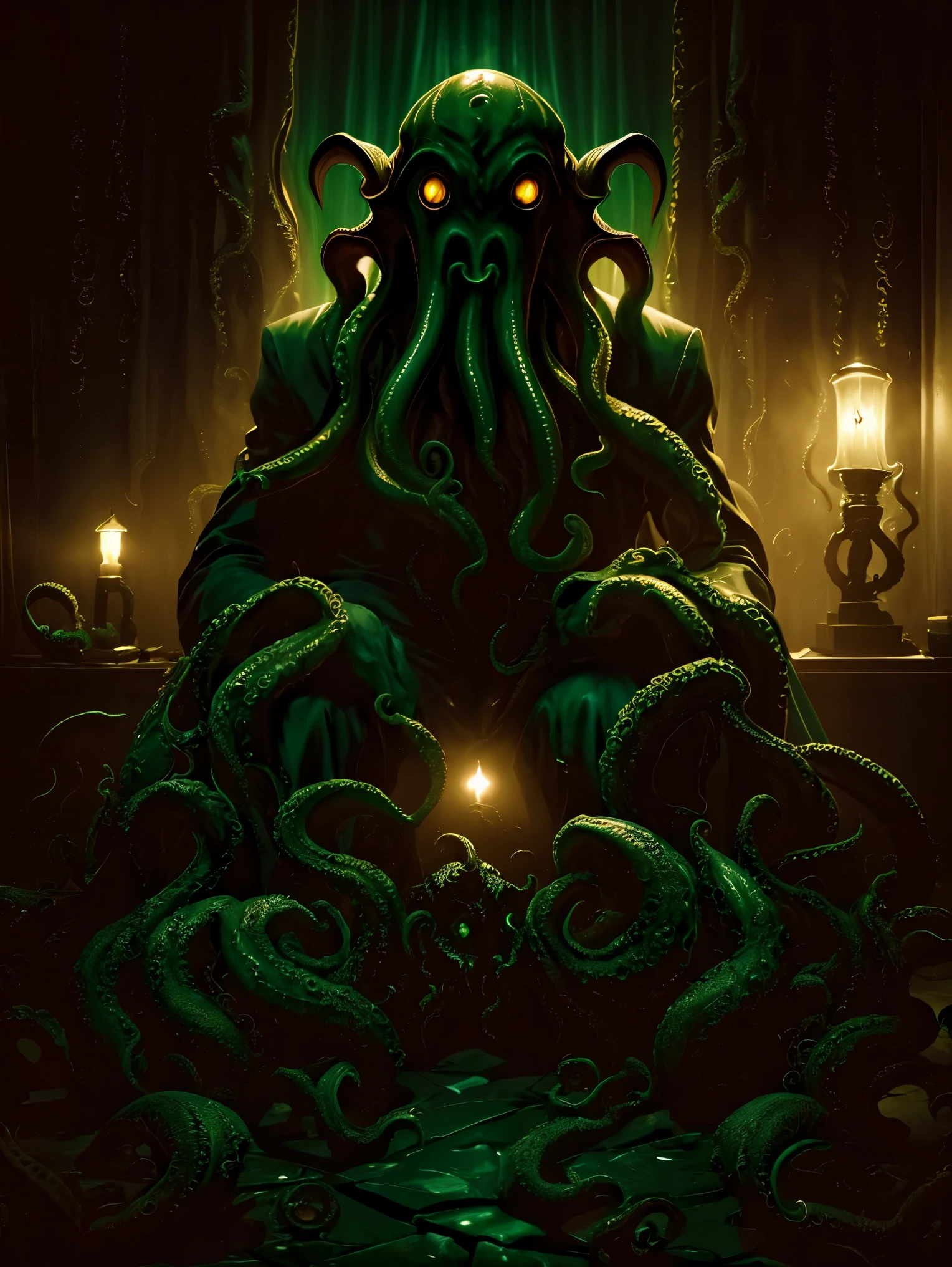 (((Cthulhu))), Cthulhuグラフィックアート, Cthulhuデザインボード, Cosmic Creatures, 大いなるCthulhu, Dark horror, cosmic horror, Into the Dark, Dim lighting, masterpiece:1.2,