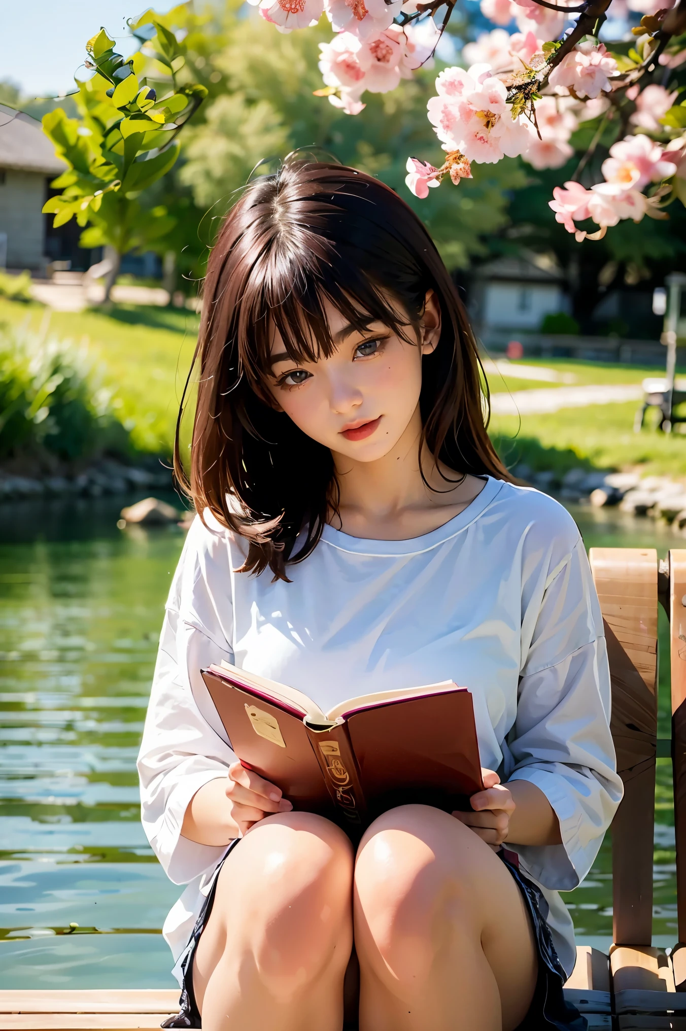 Girl reads a book by the lake, bright colors, spring, willow branches, comfort, warm sunlight