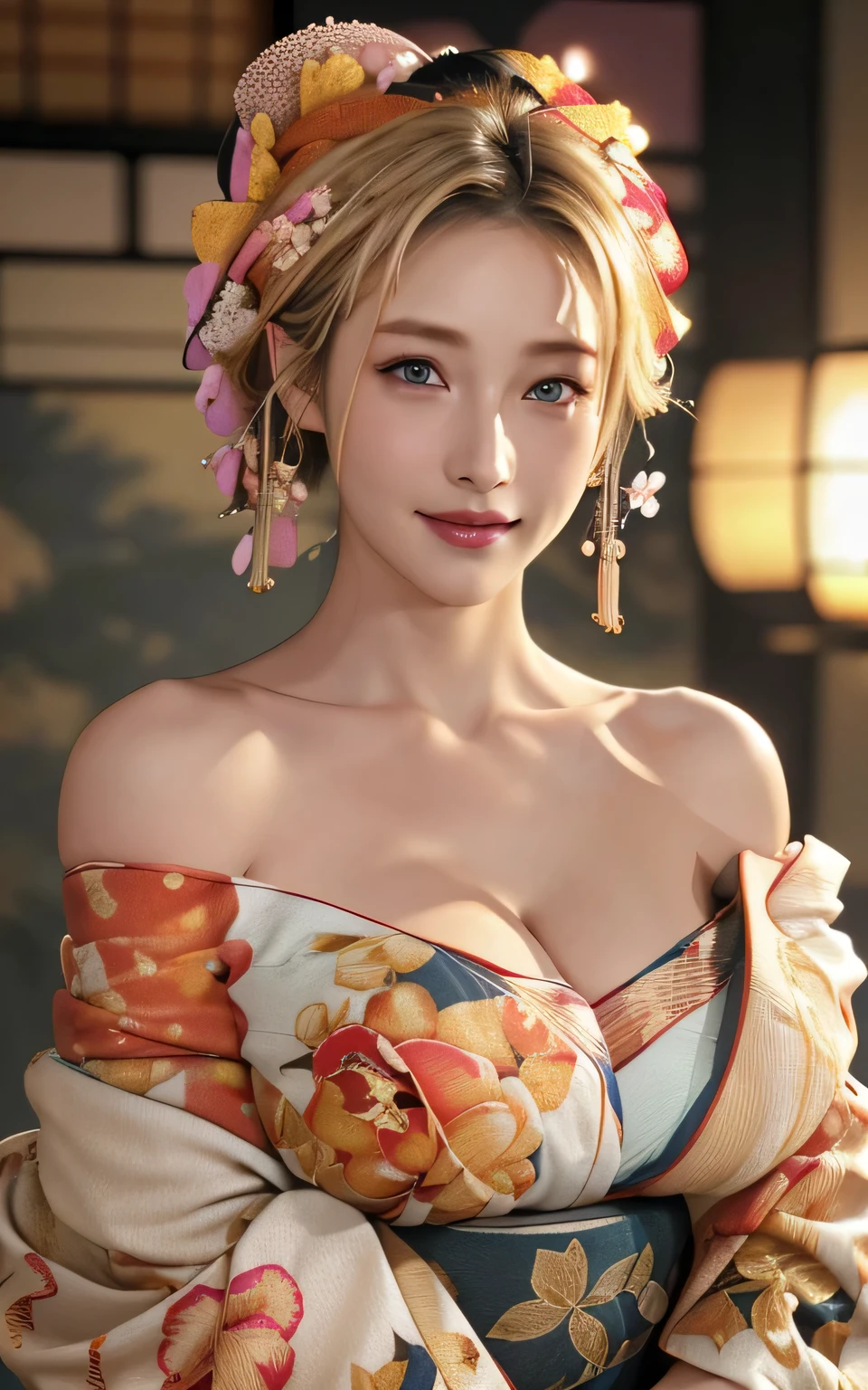 Realistic:1.8、sweating、Soaked in sweat、Blonde、Italian、highest quality、1 girl、,Glowing Skin、Professional Lighting,Photorealistic、Perfect body、super high quality、Ultra-high Realistic image quality、Japanese、(Off-the-shoulder short length floral print kimono:1.6)、(Cleavage:1.5)、Tight waist、(blonde:1.3)、(Blurred Background)、(Grin)、、blue eyes、blonde、Tattoos all over the body、short hair、Hair tied up、Full body photo、Sexy Face、short hair、 A look of complete lust、(((masterpiece)))、((highest quality))、((Ultra-realistic))、Mature woman、Mature woman、perspective、Very detailed、The perfect temptation、Best image quality、Fine-grained image quality、beautiful、European, woman, French, woman Italian, Italian, smile、blue eyes、jewelry, blue eyes, Realistic, High resolution, Soft Light,Hip Up, Glowing Skin, (Detailed face),tattoo, jewelry, , night, blonde, Wavy Hair,attractive appearance, smile, Perfect Style, Perfect balance,