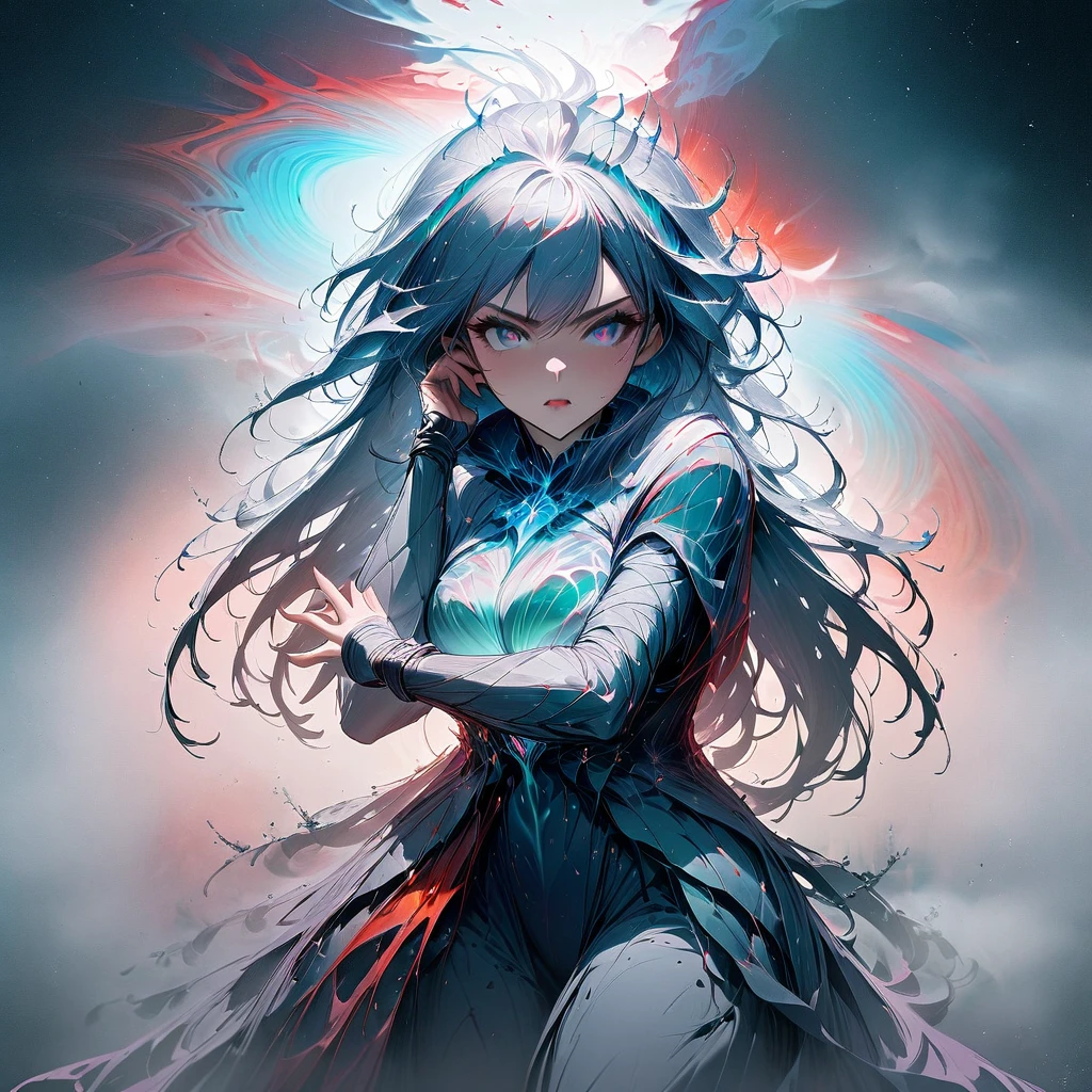 1girl, bioluminescent, iconic ninja stance, over make up, shiny face, attractive, hand_on cheek, astral vignette, long hair, swirl_up hair, provocative pose, right views, multicolor hair, fog wrapped around, epicRealism, UHD, 8k, super detailed