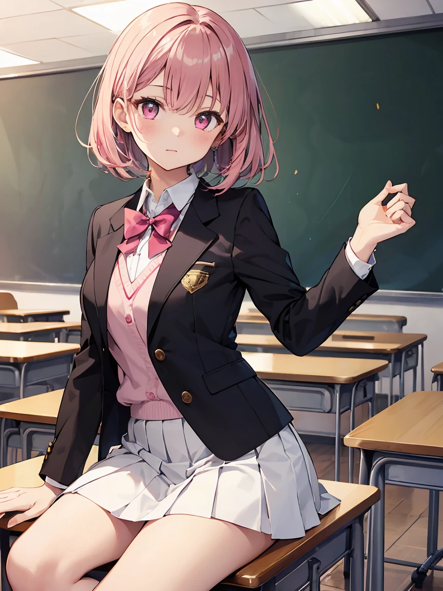 In one girl、fun、High school blazer with popular design、shirt、pleated skirt、white skirt、(small breasts ) in classroom, dark pink short hair, pink eyes, burlandose de mi