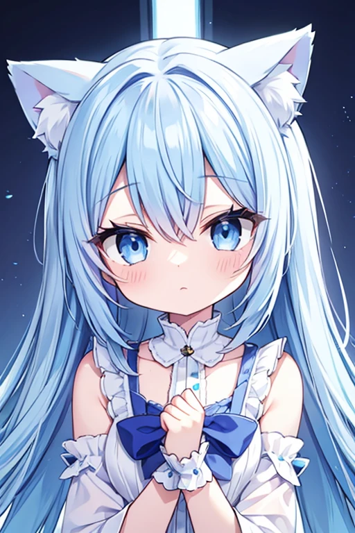 Light blue hair、long hair、Cat ear、Light blue and purple odd eyes