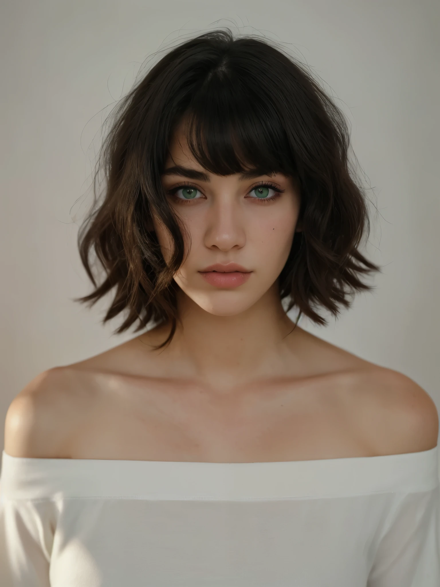 Best quality, masterpiece, ultra high res, (photorealistic:1.5), raw photo, 1 mature girl, off shoulder t-shirt, in the dark, deep shadow, low key, cold light, sexy look, black medium hair with bangs (((black hair))), green eyes, sharp eyes, eyeshadow, plain white background