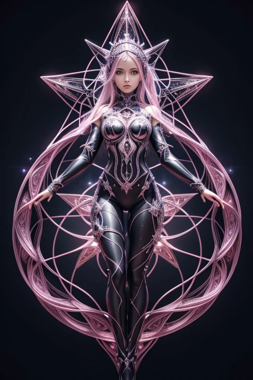 A beautiful woman who is growing from a eight pointed star in the center, growing like a biomechanical organism, pale pink, black and metallic silver,like a living organism, shining bright, growing in symmetrical designs and arabesques, adorned with blue lights, digital art, masterpiece, highly detailed, 3d modelling, 4k resolution, abstract art, digital art, photographic
