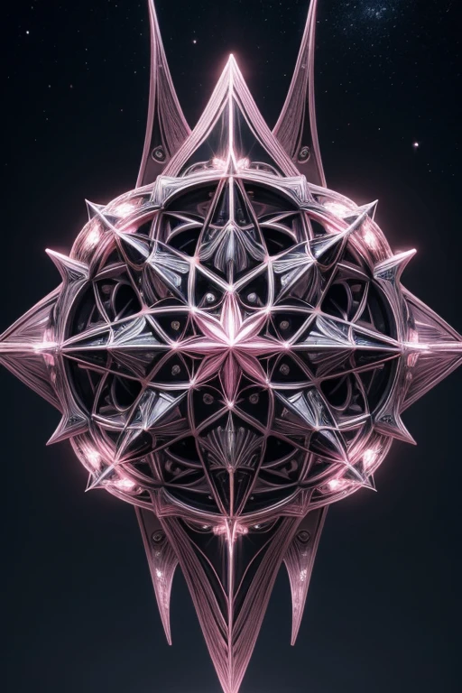 A beautiful woman who is growing from a eight pointed star in the center, growing like a biomechanical organism, pale pink, black and metallic silver,like a living organism, shining bright, growing in symmetrical designs and arabesques, adorned with blue lights, digital art, masterpiece, highly detailed, 3d modelling, 4k resolution, abstract art, digital art, photographic


