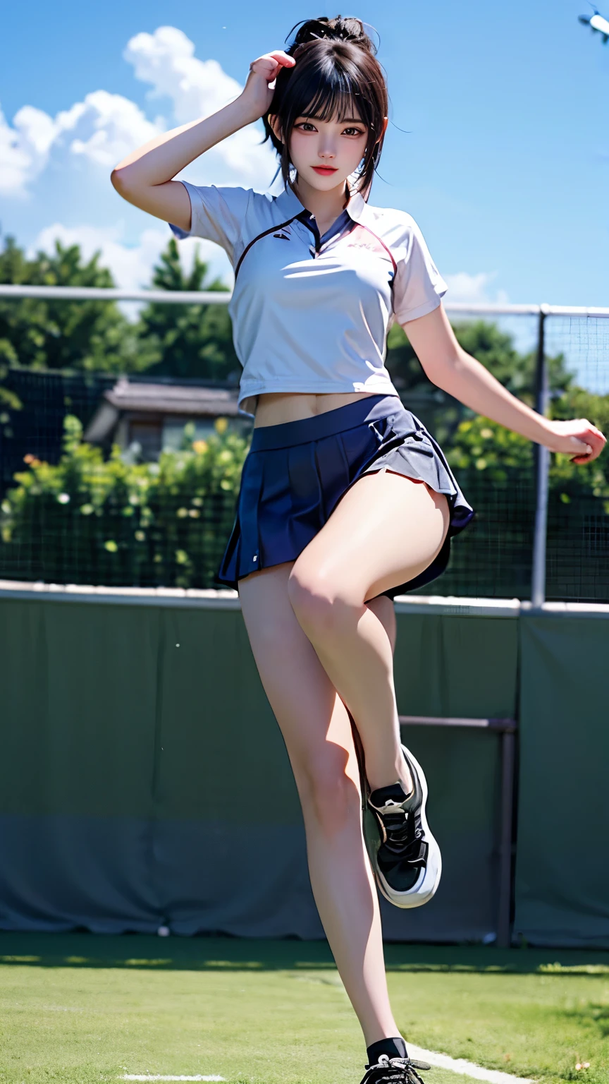 (Very delicate and beautiful:1.2)super model,,Big Breasts,Beautiful breasts,voluptuous,【bike shorts】,,【3girls】,,highest quality, High resolution, 8K,Kick in a hurry,Tennis Wear.mini skirt