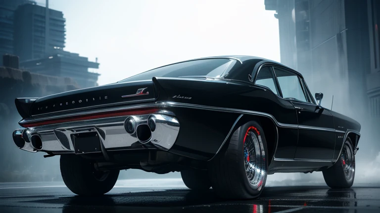 1960s luxury sedan, rear view, futuristic fantasy, epic sci-fi scene, intricate detailed design, glossy metallic body, glistening chrome accents, dramatic lighting, moody atmosphere, cinematic composition, photorealistic rendering, masterpiece, (best quality,8k,highres,masterpiece:1.2),ultra-detailed,(realistic,photorealistic,photo-realistic:1.37),cinematic lighting,dramatic shadows,volumetric fog,glowing energy field,gleaming chrome,aerodynamic body,intricate details,sleek and stylish