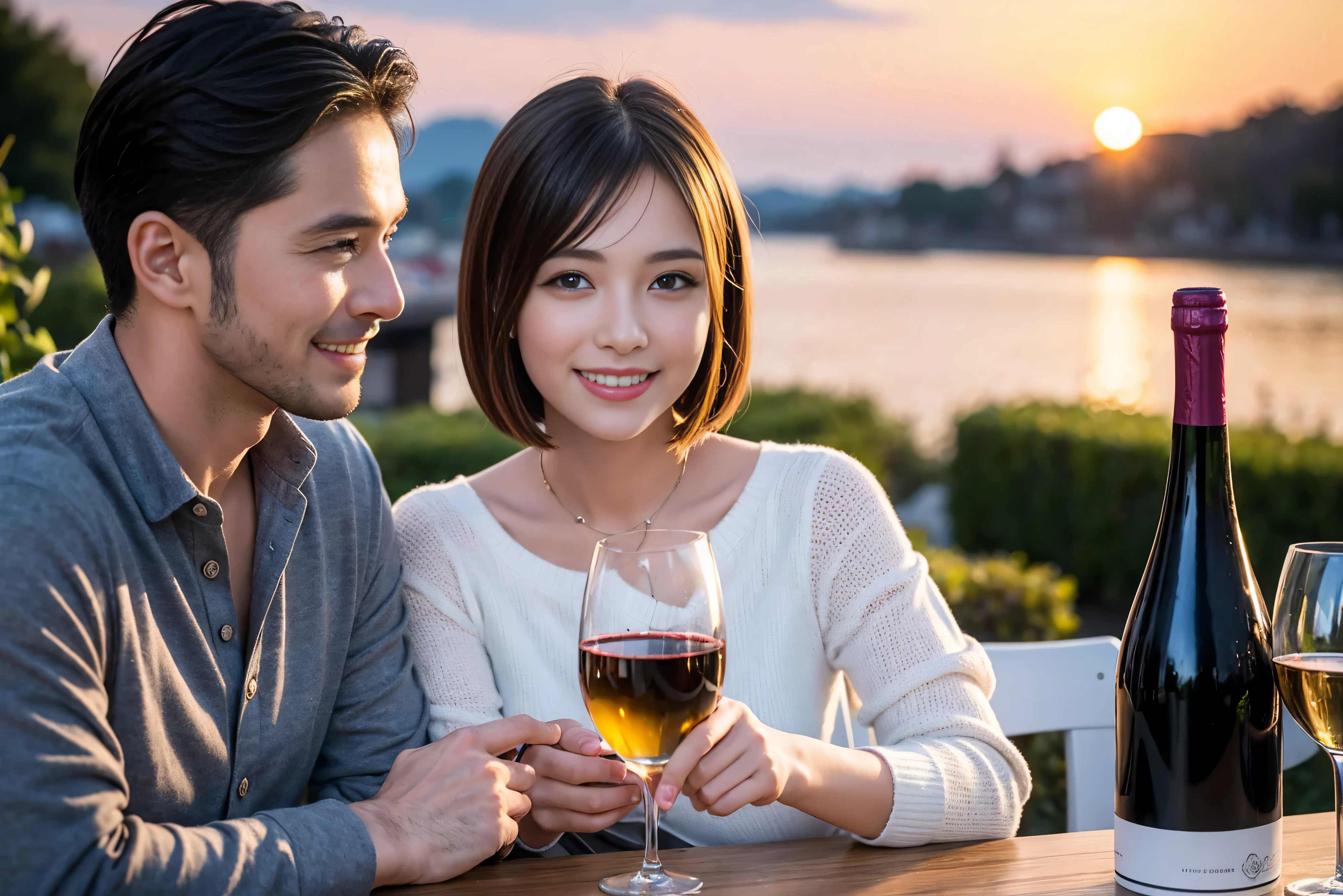 ((Highest quality、8K、masterpiece:1.3))、1 male 1 female、lover、Beautiful couple、Happy smile、full-course dinner、 (Slim face), (the body is スリム), (Brown Hair), (Shortcuts), ((Bob Hale、Straight hair:1.2)), テーブルの上のwine glass、Put the light on your face、 Amazing view of the sunset sky and clouds、The beauty of a smile、Bright image、Blushing, Shortcuts, (Age 35), 39 years old, Appetizers、Italian food、Wine bottle、Champagne、sparkling wine、Long sleeve shirt、dress、Attractive beauty、restaurant, Nova Frog Style, actress, model, Upper Body, White wine, red wine, wine glass, 