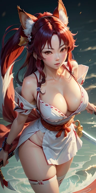 a cartoon image of a woman with a sword and a red dress, mai shiranui, yoko matsugane as mai shiranui, kunoichi, oppai, onmyoji detailed art, reimu hakurei, onmyoji, fox nobushi, artistic render of reimu hakurei, fox nobushi holding a naginata