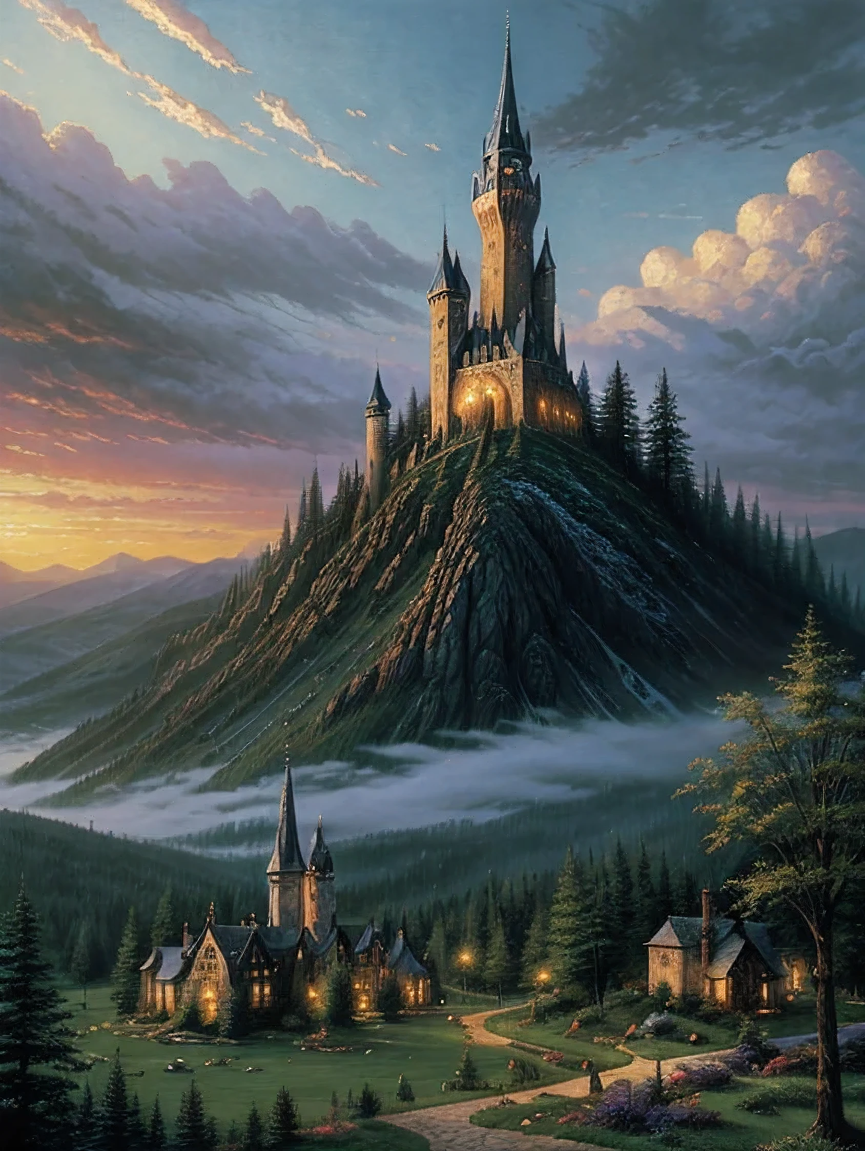A tall, dark, sinister, forbidding wizards tower at the foot of a mountain range, surrounded by stone walls and forest, painting by Thomas Kinkade