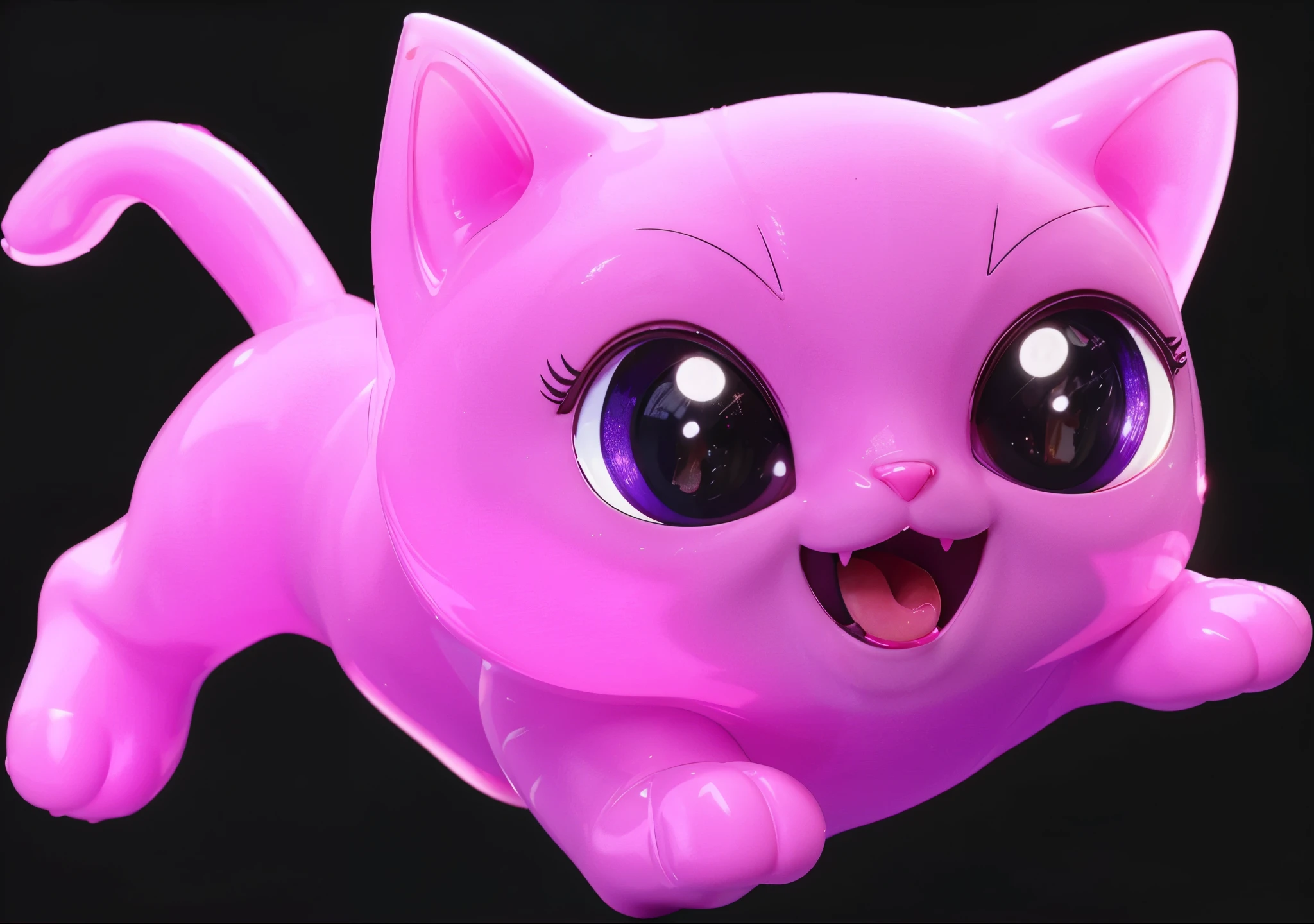 adorable cat-like creature big eyes, cute pink 3d cat, cute pink 3d realistic cat toy made of plastic  glossy texture, smooth 3d model, glossy plastic texture, multiple light sources, rim light, sharp post effects render, most beautiful vfx, , realistic, 4k, high resolution, rim light, smooth 3d model. , (glossy plastic texture with multiple big light probe refractions)