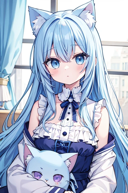 Light blue hair、long hair、Cat ear、One eye is light blue and the other is purple