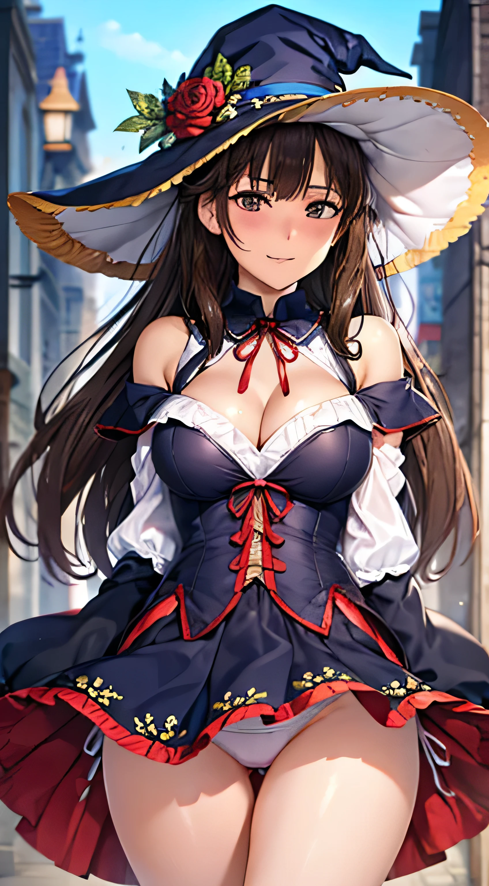 ((Tabletop, highest quality, High resolution, , Pixel Perfect, 4K, ))), Beautiful woman,, alone, beauty、The whole body is visible、 (((Sexy Witch Cosplay), Long dark blonde wavy hair、Off-the-shoulder jacket, Dark blue flared skirt、Witch Hat、Mid-wave hair, bangs, Brown Hair)), ((Brown eyes, Beautiful eyelashes, Realistic eyes)), ((Detailed face, Blushing:1.2)), ((Smooth texture:0.75, Realistic texture:0.65, Realistic:1.1, Anime CG Style)), Center of chest, Dynamic Angle, Perfect body, ((,)), 、、Very embarrassing panic smile, 、Castle Town Square、(The wind flipped up her skirt, 、Touch your crotch with both hands、、Arms crossed pose、Show me your ass、Her white and light blue floral lace panties、)、Angle from below