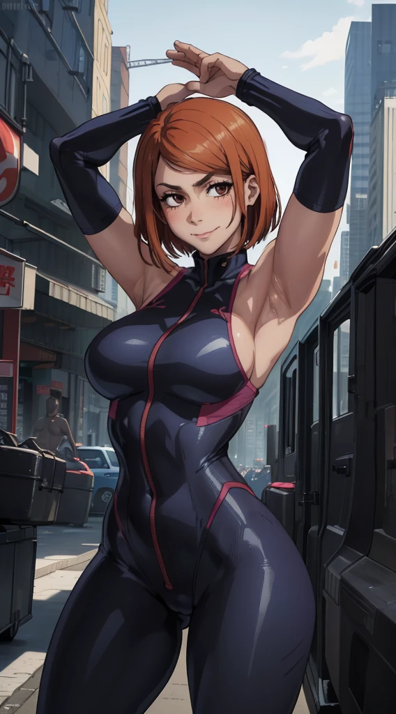 (melhor qualidade:1.3), (qualidade 4K), Nobara Kugisaki by jujutsu no kaisen, ((detailed face)),((smile)), ((curvy body)), (peitos grandes), sexy, (( cut hair)), ((body suit clivagem, sleeveless)), ((city)), arms up, armpits visible