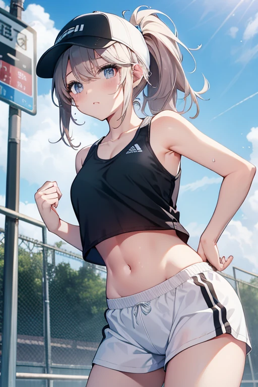masterpiece,best quality,highres,ultra-detailed,lawine,long hair,braid,french braid,blunt bangs,<lora:lawine:0.7>,sports bra,(leggings:1.2),outdoors,cherry blossoms,smile,sweat,running,ponytail,