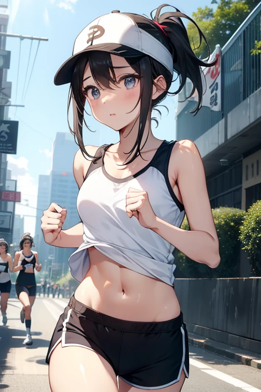 teenager,1 beautiful girl、Running painfully、(blush:0.6),heavy breathing,sports underwear、White navel tank top、vertical navel, black sport shorts、running, ponytail、sport cap, shiny skin、Highway