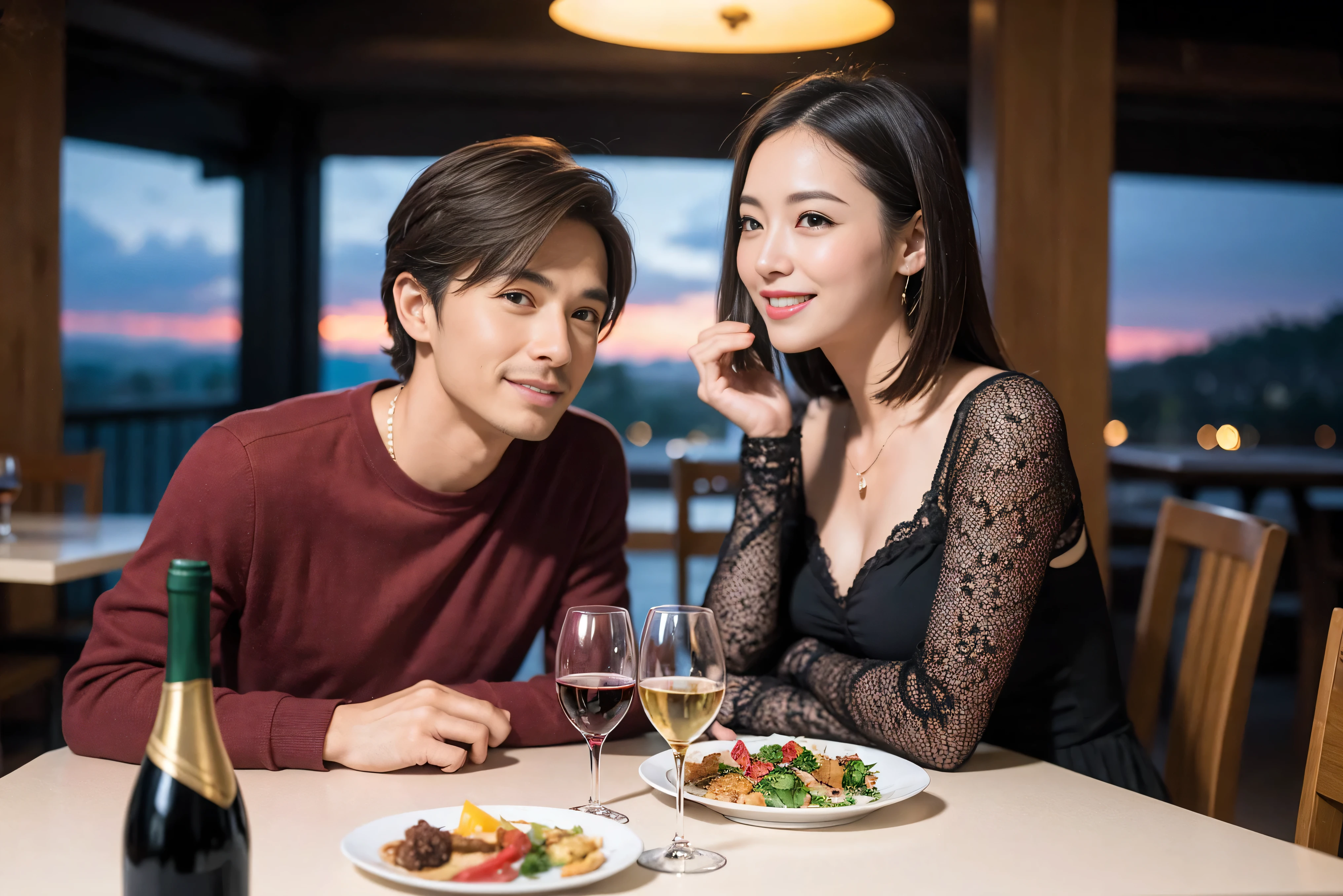 ((highest quality、8k、masterpiece:1.3))、 (Realistic, Real、Bright image、Intricate details:1.2), 1 male 1 female、Kimura Fumino-like beautiful couple、lover、couple、spouse、Beautiful couple、Happy smile、full-course dinner、 (Slim face), (Slim Body), (Brown Hair), (Short Hair), Wine glass on the table、Please put light on my face、 Amazing view of the sunset sky and clouds、 (Age 35), 39 years old, red wine 、Appetizers、Wine bottle、sparkling wine、Long sleeve shirt、dress、White wine, red wine, wine glass,
