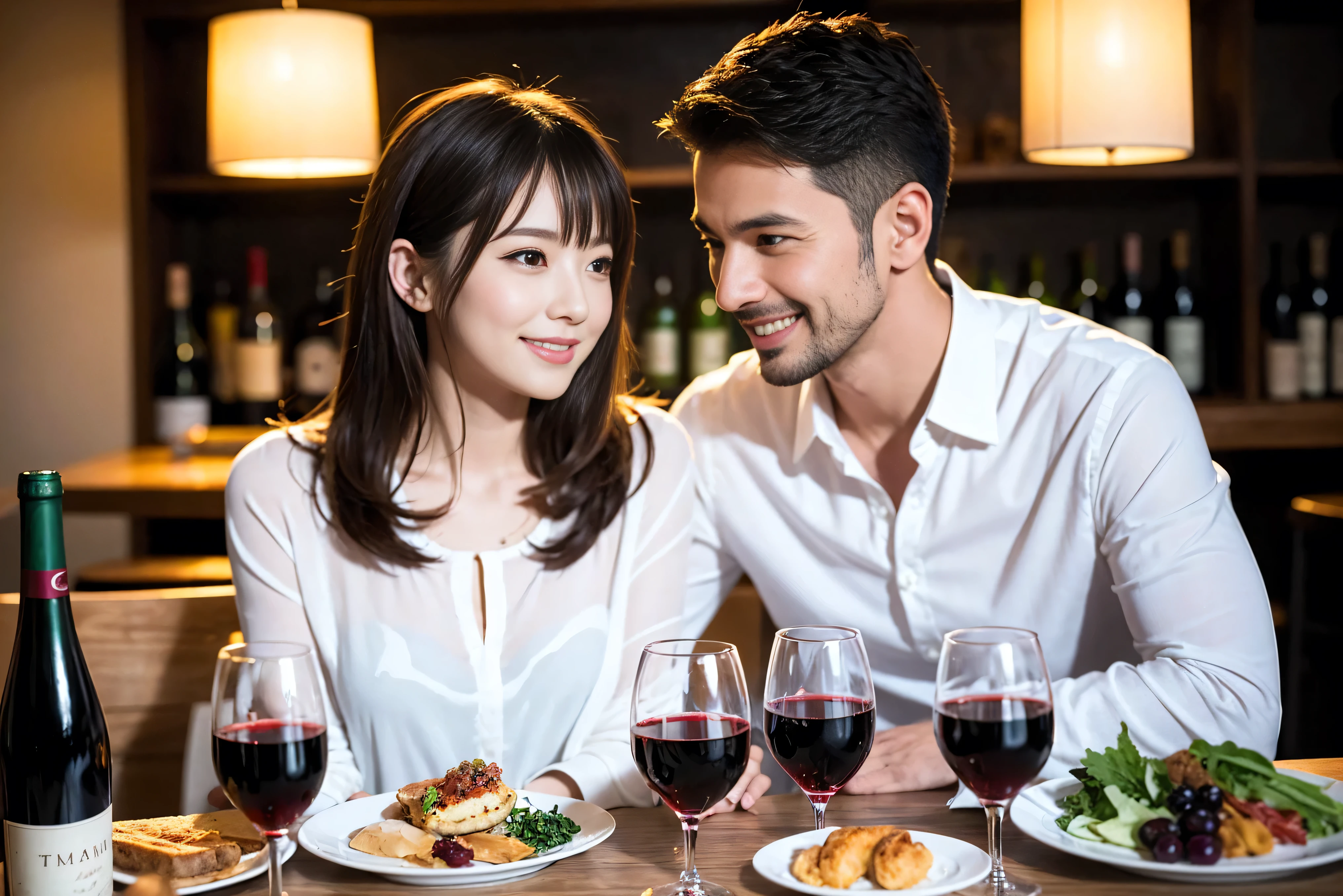 ((highest quality、8k、masterpiece:1.3))、 (Realistic, Real、Bright image、Intricate details:1.2), 1 male 1 female、Kimura Fumino-like beautiful couple、lover、couple、spouse、Beautiful couple、Happy smile、full-course dinner、 (Slim face), (Slim Body), (Brown Hair), (Short Hair), Wine glass on the table、Please put light on my face、 Amazing view of the sunset sky and clouds、 (Age 35), 39 years old, red wine 、Appetizers、Wine bottle、sparkling wine、Long sleeve shirt、dress、White wine, red wine, wine glass,