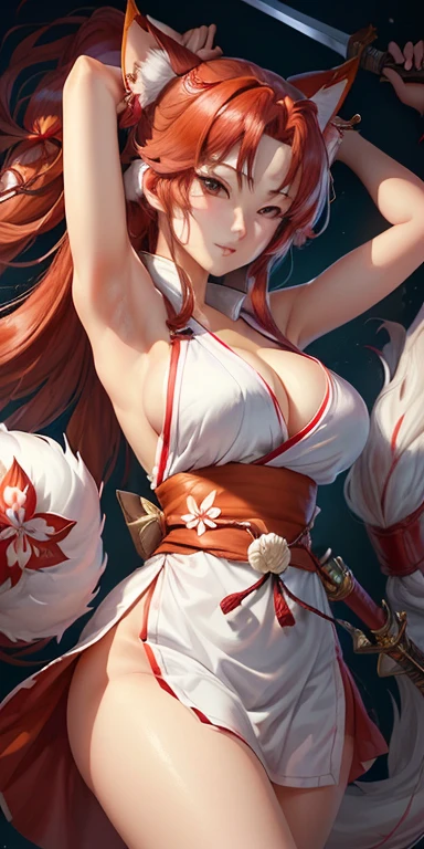a cartoon image of a woman with a sword and a red dress, mai shiranui, yoko matsugane as mai shiranui, kunoichi, oppai, onmyoji detailed art, reimu hakurei, onmyoji, fox nobushi, artistic render of reimu hakurei, fox nobushi holding a naginata