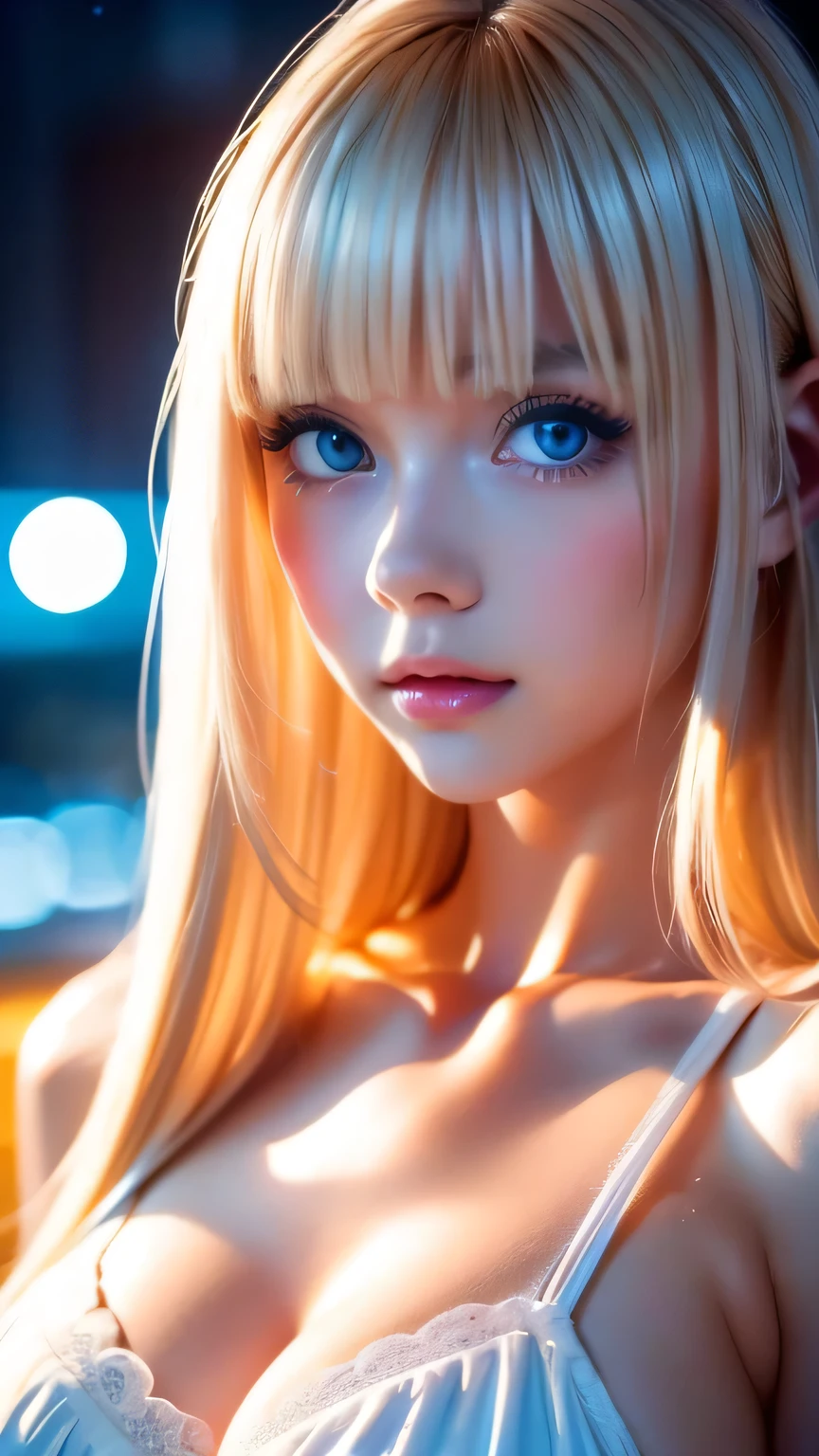 Platinum blonde fine hair、Long Straight Hair、Face and eye bangs、Big blue eyes、Transparent white and wet nightgown、Nordic youth、Perfect body、White Muscle、Shiny skin、Young and beautiful skin、Perfect beautiful little face、Bright makeup、Pale pink lips、Bright expression、1. -yeld giButtonless shirt、lipstick、Deceptive advertising、{steams}、Viewer Vision、Golden Hour Lighting、Bokeh Atmosphere Perspective、detailed、Movie Light、Intricate details、High resolution、Detailed features of the face design、detailed、Clear Focus、Smoothness、aesthetics、printing、Octane、masterpiece、{{}}
