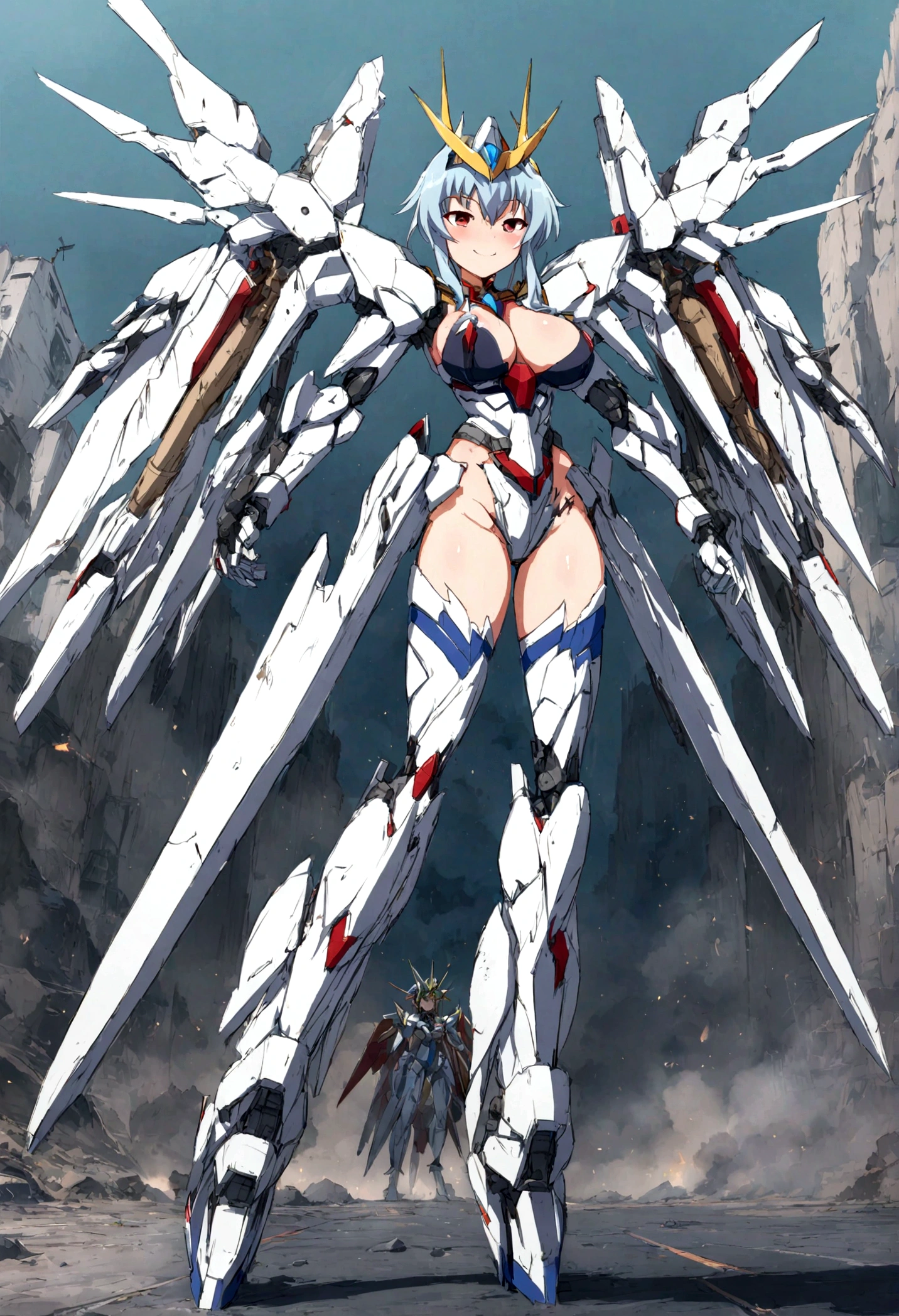 (masterpiece),(highest quality),A sci-fi battle girl wearing large weaponized armor is under attack,Armor parts break and fly apart,Damage Representation,pain,Large Breasts ,Exposed Skin,((whole body)),smile,Mechanical Wings,Giant sword,Big Leg attachments,Gundam,Armed Shinki,Busou Shinki,Kantai Collection,Frame Arms Girl,Alice Gear Iris,Symphogear,Trigger Animation Style,Anime Beautiful Girl,