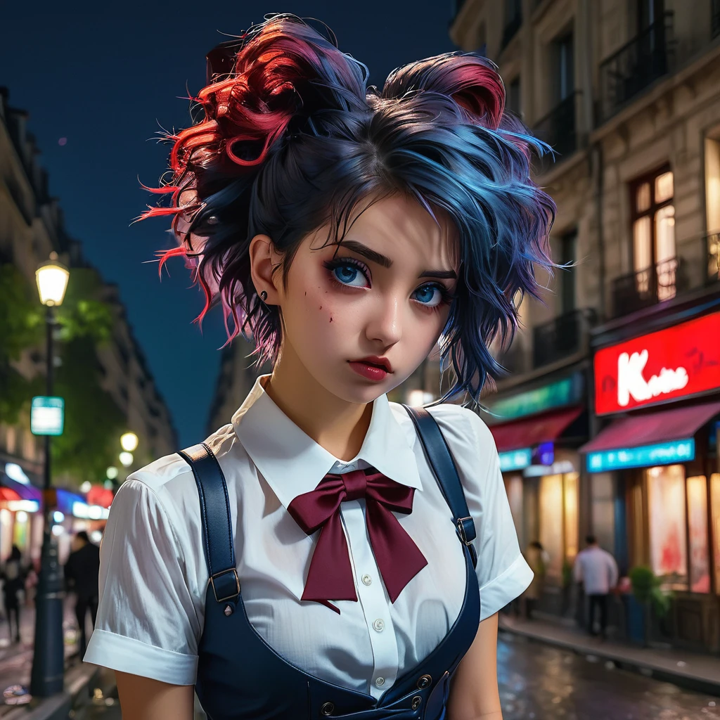 (8k, RAW photo, masterpiece:1.3), (realistic, photo-realistic:1.37), (night), (looking at viewer:1.331), (bloody hair), posing, Paris street, nightcityscape, cyberpunk city, soft light, girl, extremely beautiful face, bust, put down hands, Random hairstyle, Random expression, big eyes, lower abdomen, (short-sleeved .JK_shirt), JK_style, (dark blue short JK_skirt), (bow JK_tie), mix4., best quality