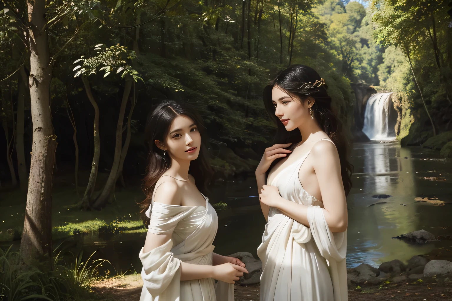 Giorgione painting style,Barbizon forest A beautiful woman in Greek dress smiles on the shore,Sweet and seductive appearance.、Caravaggio's paintings、Chiaroscuro of Caravaggio、hair tousled by the wind,Two women frolicking,cute smile, expression of ,Sexy,er, ful portrait