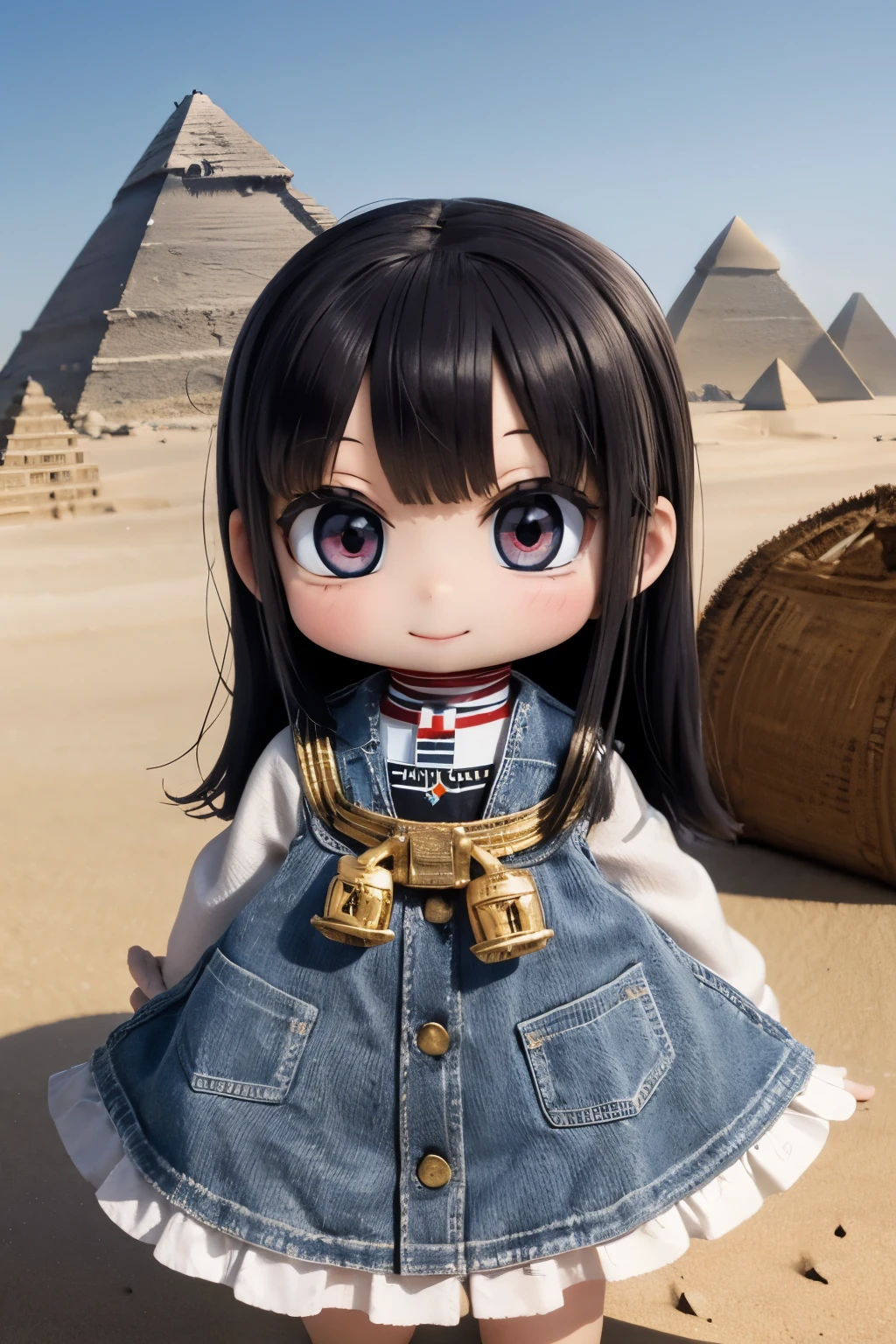 Photorealistic、Chibi Girl Doll（Visit the Egyptian Pyramids、smile、Adventurer Style）