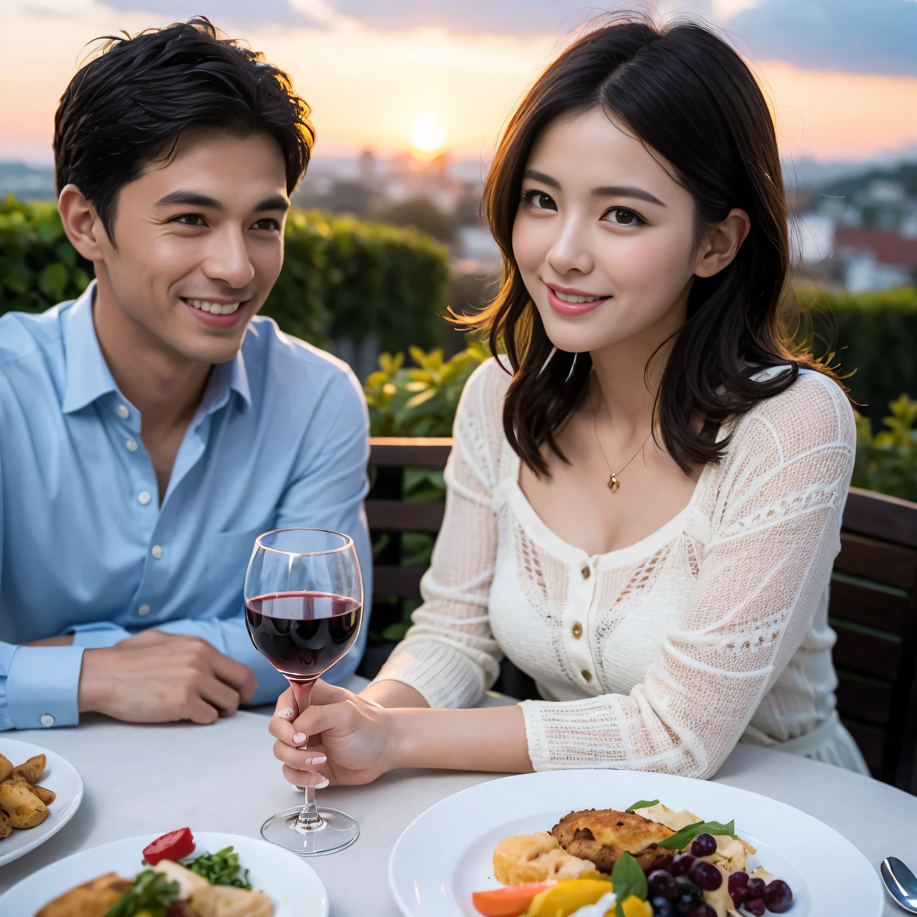 ((highest quality、8k、masterpiece:1.3))、 (Realistic, Real、Bright image、Intricate details:1.2), 1 male 1 female、Beautiful couple who look like Takahata Mitsuki、lover、couple、spouse、Beautiful couple、Happy smile、full-course dinner、 (Slim face), (Slim Body), (Brown Hair), (Short Hair), Wine glass on the table、Please put light on my face、 Amazing view of the sunset sky and clouds、 (Age 35), 39 years old, red wine 、Appetizers、Wine bottle、sparkling wine、Long sleeve shirt、dress、White wine, red wine, wine glass,