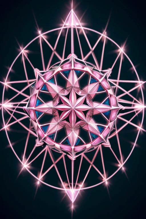 A beautiful woman who is growing from a eight pointed star in the center, growing like a biomechanical organism, pale pink, black and metallic silver,like a living organism, shining bright, growing in symmetrical designs and arabesques, adorned with blue lights, digital art, masterpiece, highly detailed, 3d modelling, 4k resolution, abstract art, digital art, photographic