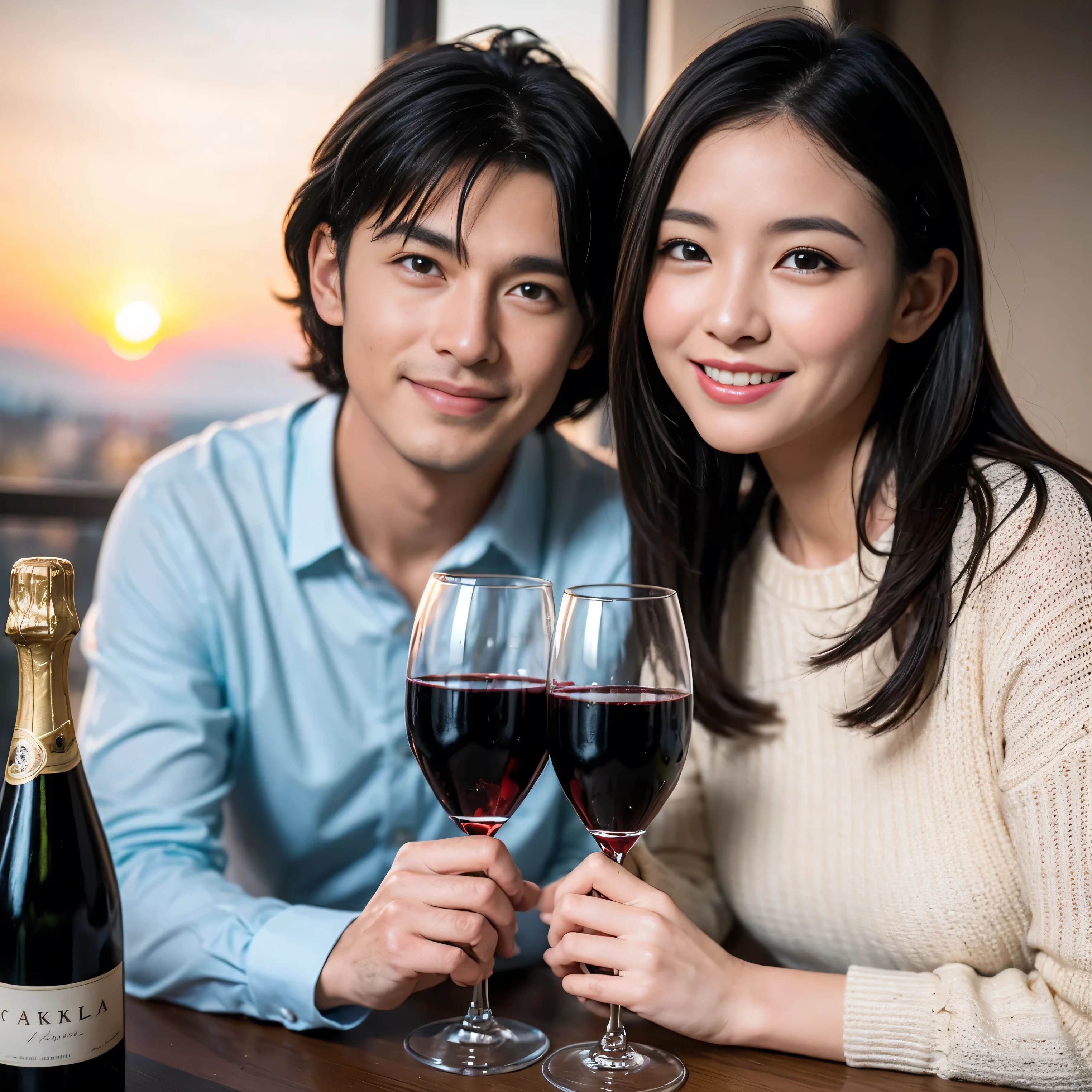 ((highest quality、8k、masterpiece:1.3))、 (Realistic, Real、Bright image、Intricate details:1.2), 1 male 1 female、Beautiful couple who look like Takahata Mitsuki、lover、couple、spouse、Beautiful couple、Happy smile、full-course dinner、 (Slim face), (Slim Body), (Brown Hair), (Short Hair), Wine glass on the table、Please put light on my face、 Amazing view of the sunset sky and clouds、 (Age 35), 39 years old, red wine 、Appetizers、Wine bottle、sparkling wine、Long sleeve shirt、dress、White wine, red wine, wine glass,