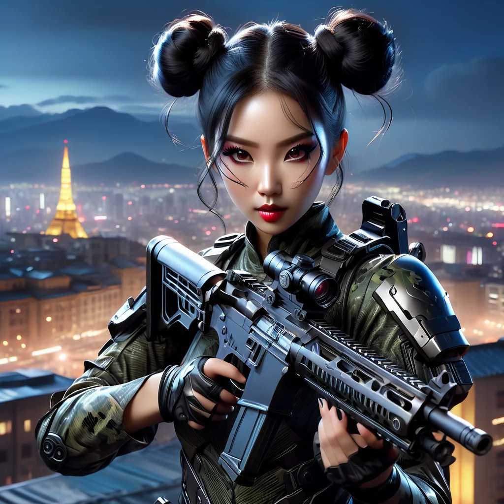 Beautiful Asian woman, large breasts, (black hair in two buns: 1.5), (no hair back: 1.4), wearing a night camo latex bodysuit and (night camo makeup: 1.5), holding an assault rifle, against a night cityscape, dark background, full body portrait, master of Fang Zhongshu, immortal, (highest quality, 4k, 8k, high resolution, masterpiece: 1.2), ultra detailed, (realistic, photorealistic, photorealistic: 1.37), HDR, studio lighting, extremely detailed, vibrant colors, cinematic lighting