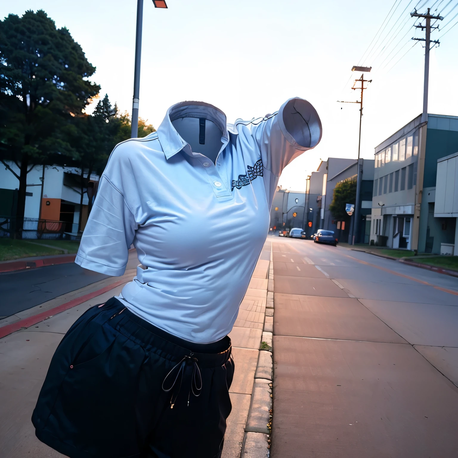 school polo shirt, plaid short pants, streching, exercising, cute big breasts, (invisible, no human, headless, handless:1.5), (8k, RAW photo, best quality, masterpiece:1.2), (realistic, photo-realistic:1.37), photon mapping, radiosity, ((Hasselblad photography)), physically-based rendering