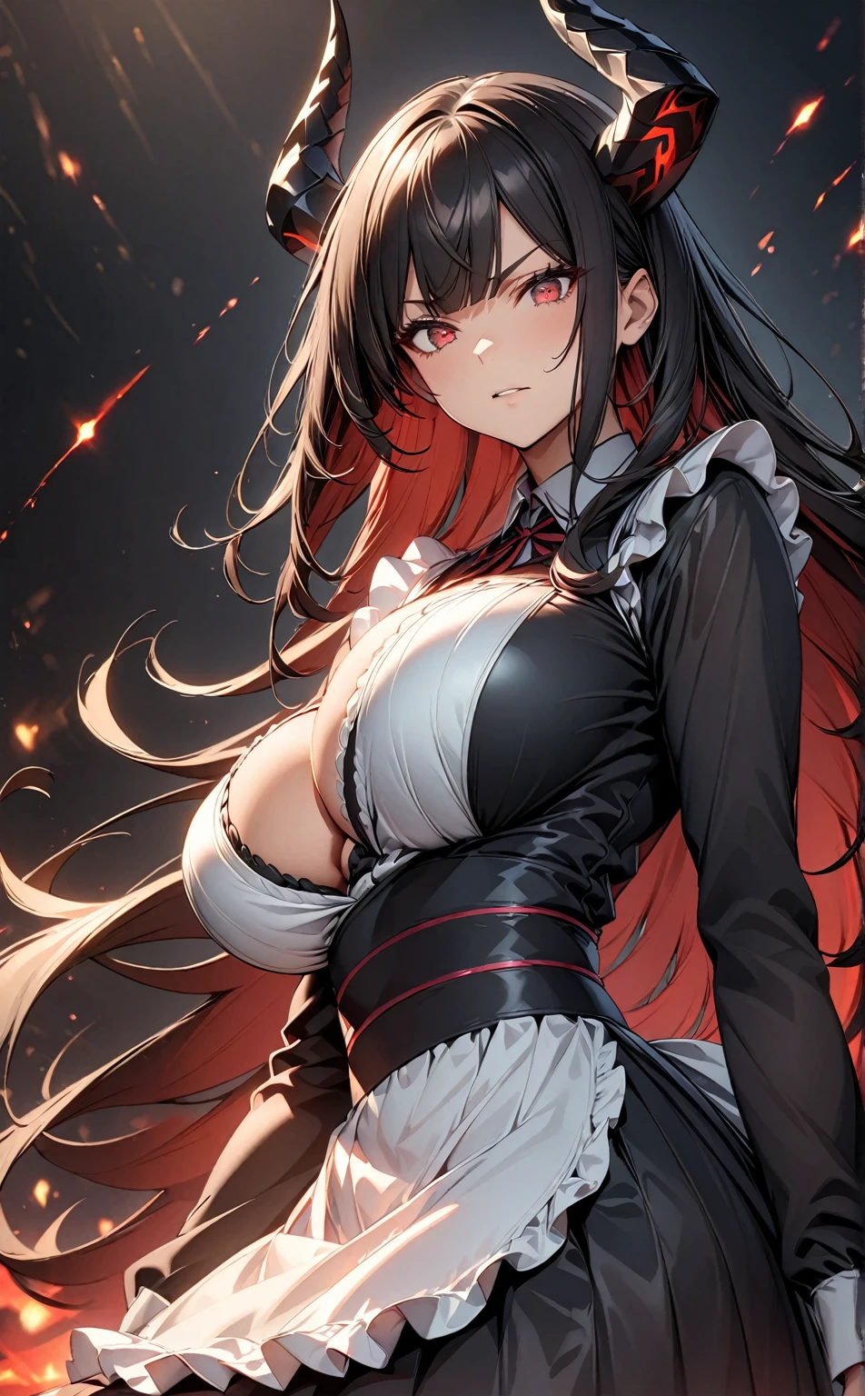 Masterpiece, very detailed, ultra detailed, one, (1 woman), she is in a simple black and white maid dress with blades, and in a fighting position, super mature, tall, milf, mature mother, super long hair, straight hair, with ultra-black hair and straight bangs, black dragon horns, beautiful, charming, glowing blood-red eyes, elegant, large breasts (huge), bare breasts, cheerful breasts, serious face, charming, dark black background, dark black atmosphere, black energy around her.