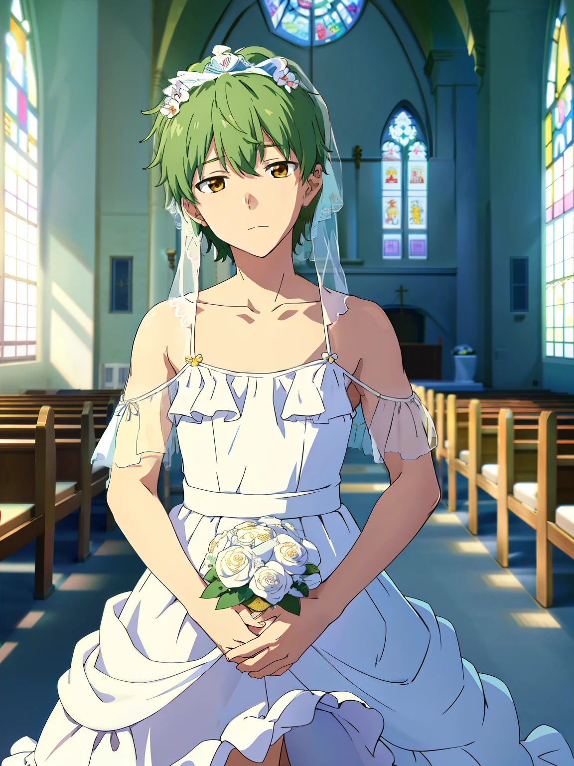 Anime style, Highres, Masterpiece, Best quality at best,High-quality illustrations, Best Quality,hight quality, hight detailed, Depth field, Anime screencap style, 1boy, Boy, Shota, Solo person, Inside a church, Style of wedd00ing, Halter dress, Bare shoulder, Transparent veil covering head, Flowers on head, Fluffy hair, Handsome boy, K-Pop boy, Body, Seen from front, boy focus, Uhd, 4k