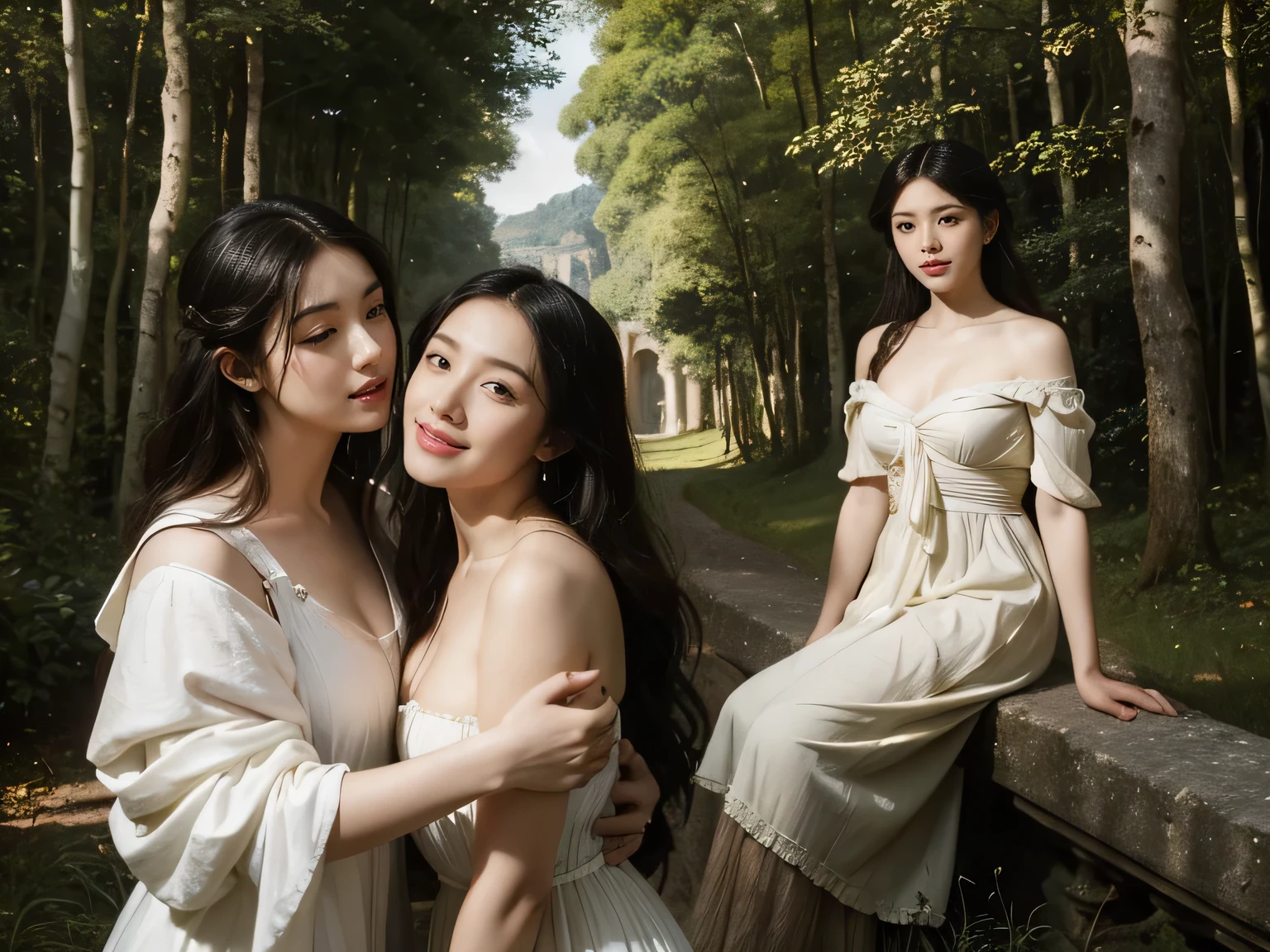 Giorgione painting style,Barbizon forest A beautiful woman in Greek dress smiles on the shore,Sweet and seductive appearance.、Caravaggio's paintings、Chiaroscuro of Caravaggio、hair tousled by the wind,Two women frolicking,cute smile, expression of ecstasy,Sexy,erotic, full body portrait