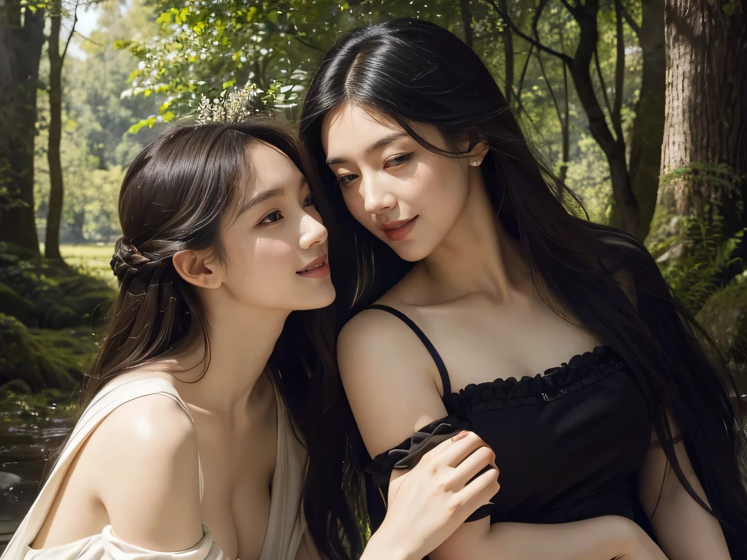 Giorgione painting style,Barbizon forest A beautiful woman in Greek dress smiles on the shore,Sweet and seductive appearance.、Caravaggio's paintings、Chiaroscuro of Caravaggio、hair tousled by the wind,Two women frolicking,cute smile, expression of ,Sexy,erc, fuy portrait