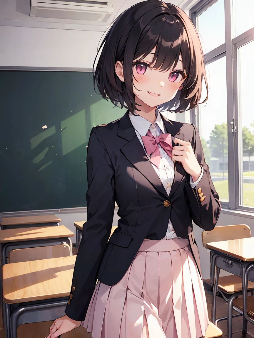 In one girl、fun、High school blazer with popular design、white shirt、pleated skirt、white skirt、(small breasts ) in classroom, dark pink short hair, pink eyes, smiling