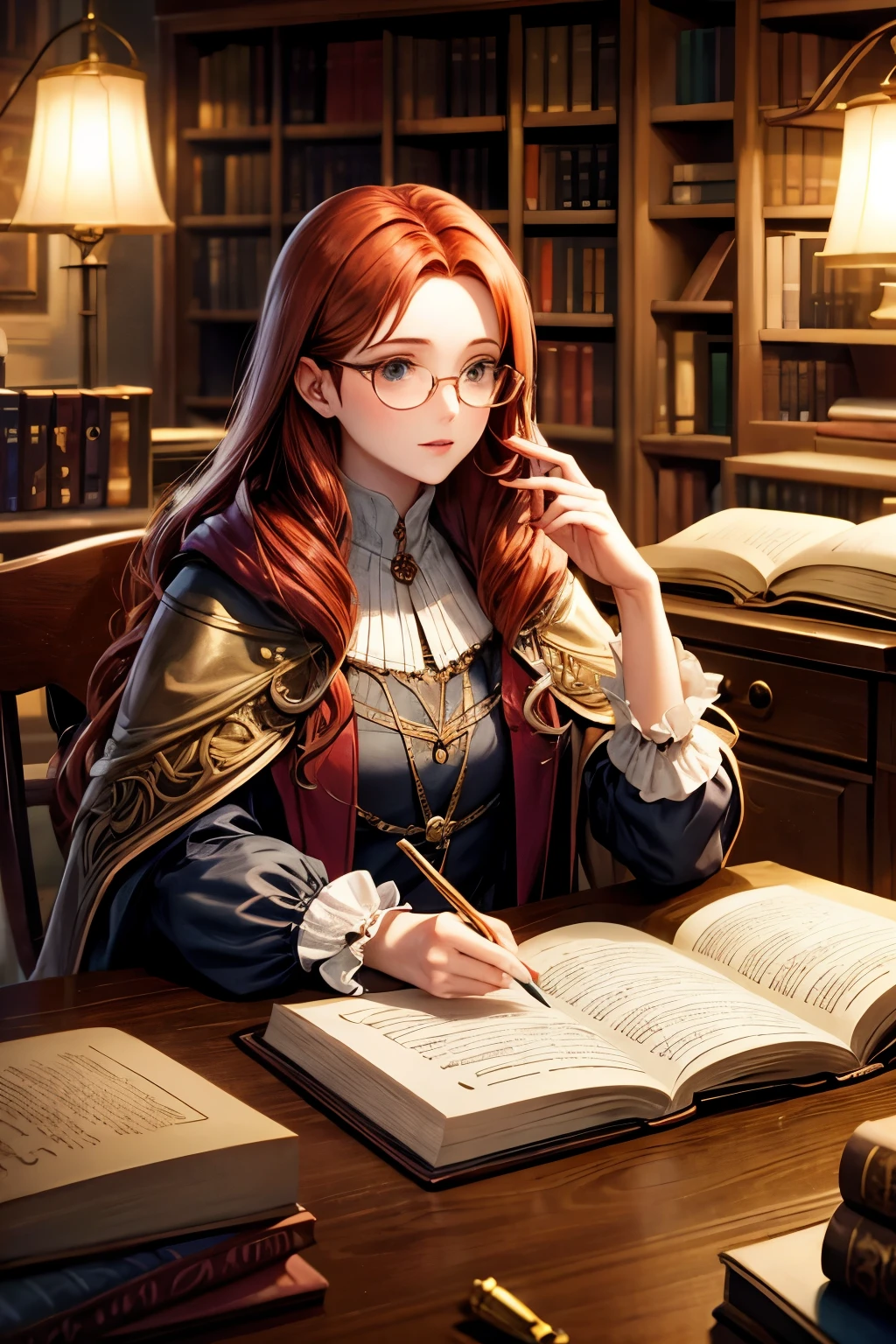 Renaissance woman glasses long auburn hair in a coat and dress writing laboratory fictional books lamp writing in book Renaissance decore